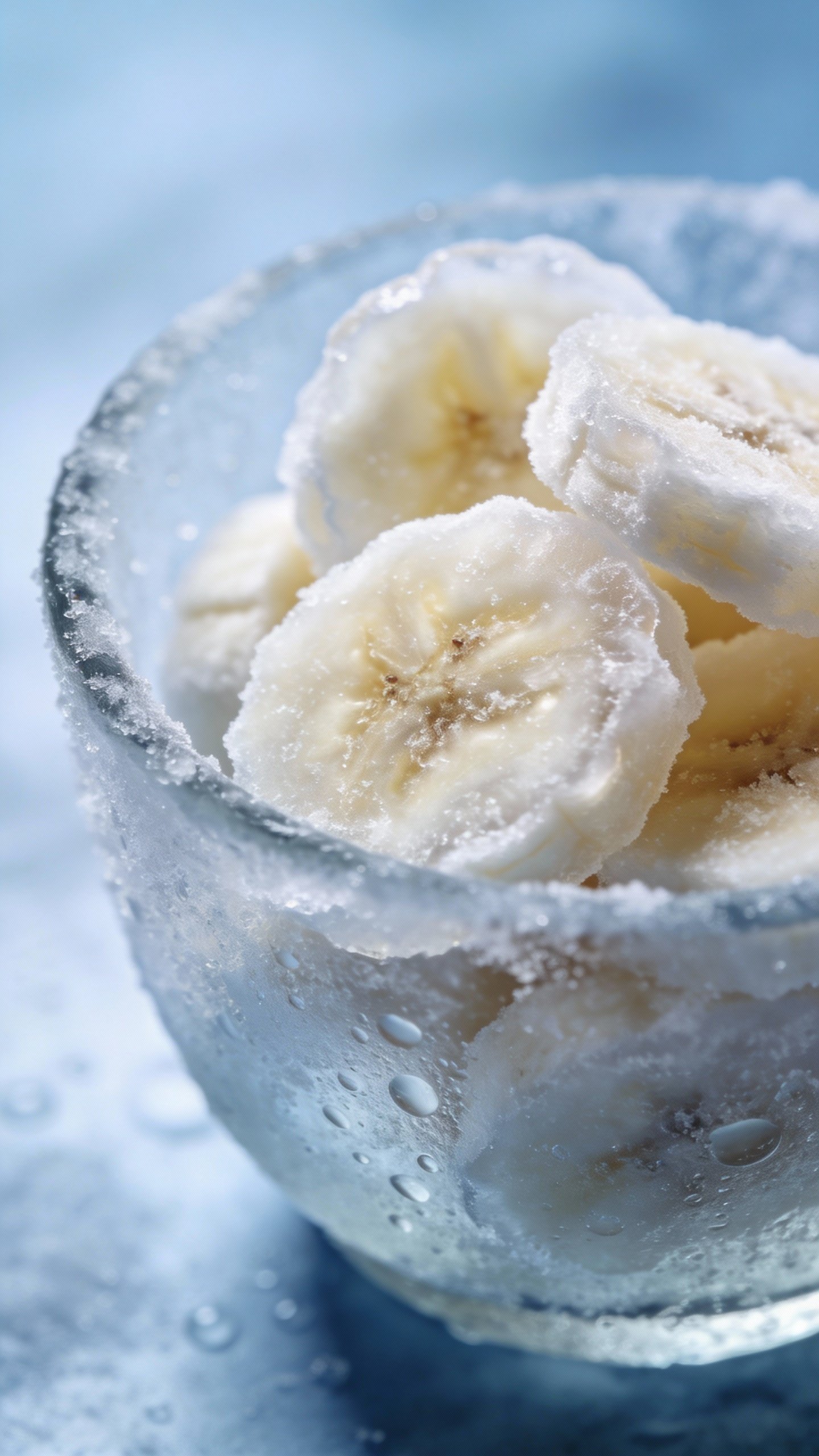 frozen banana slices in frosted glass bowl, macro shot