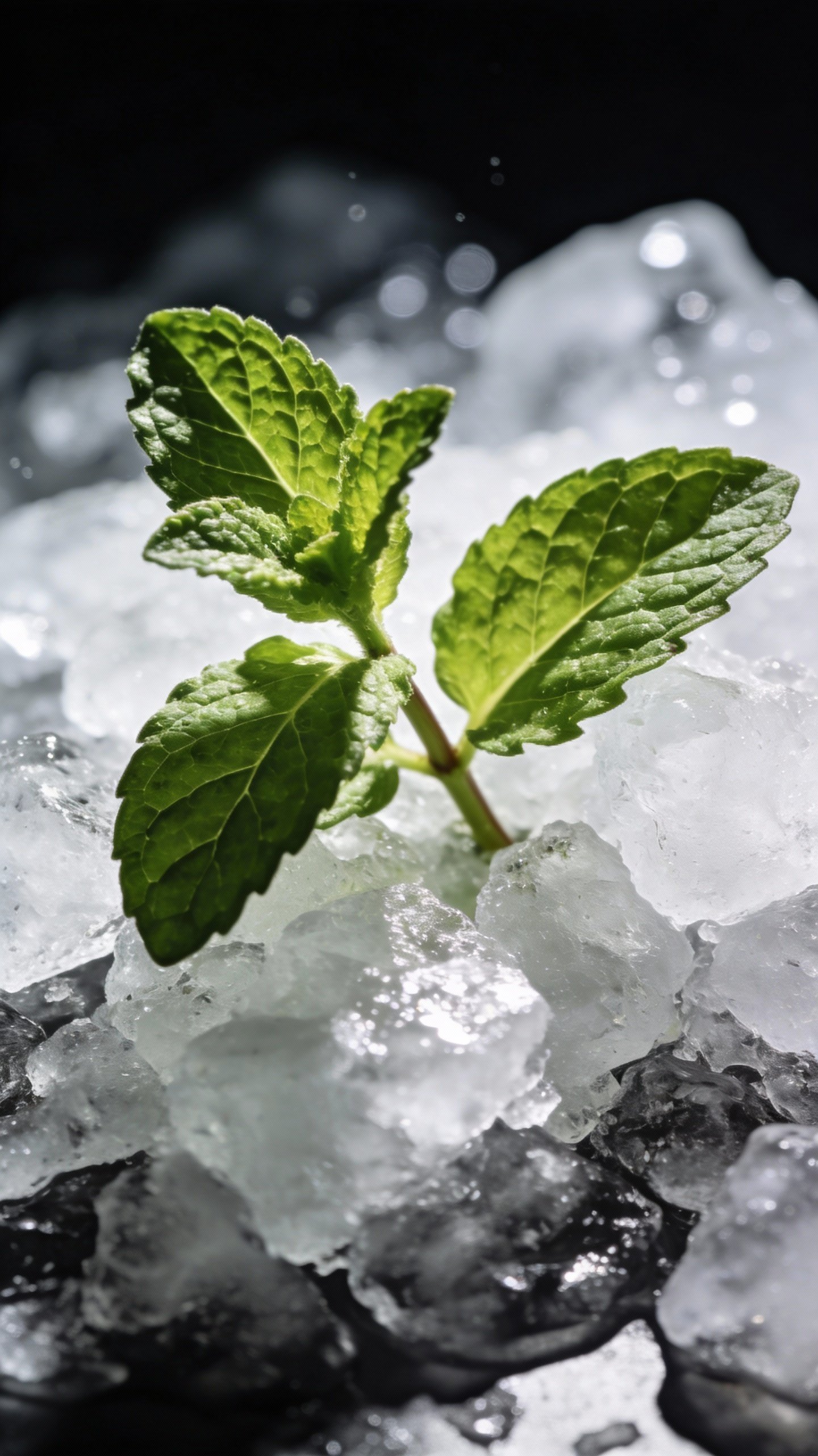 fresh mint sprig on crushed ice, dramatic studio lighting