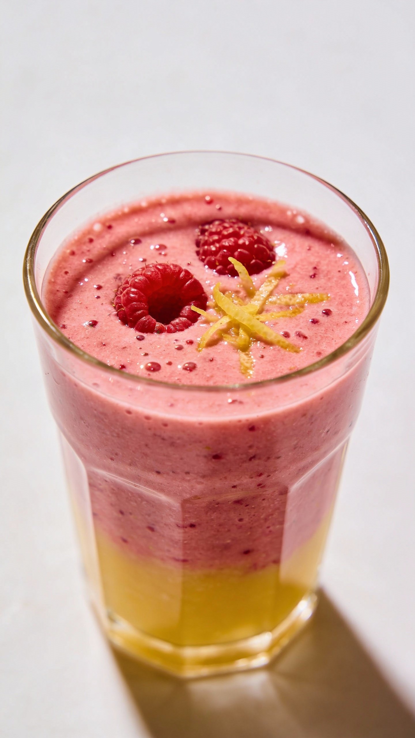 closeup raspberry lemon smoothie in clear glass, minimal backdrop