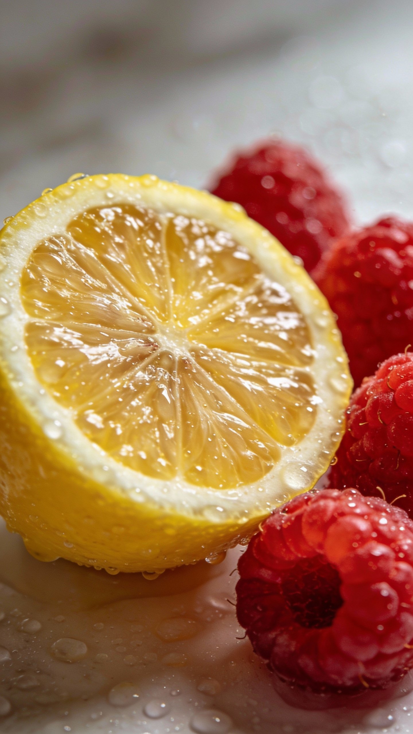 single halved lemon with raspberries, dewy macro shot