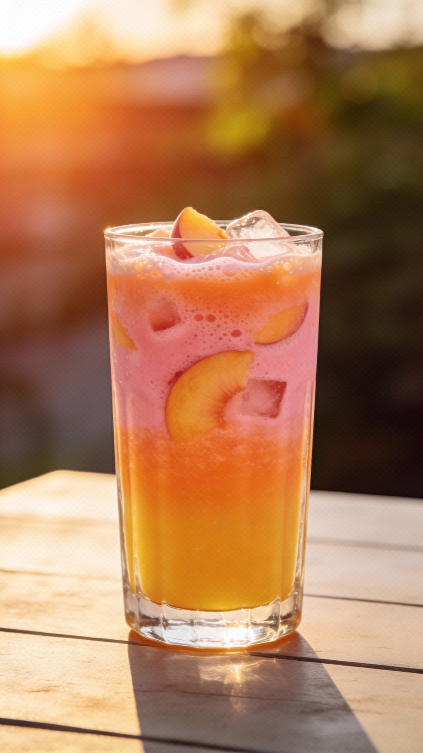 closeup peach sunrise smoothie in clear highball glass