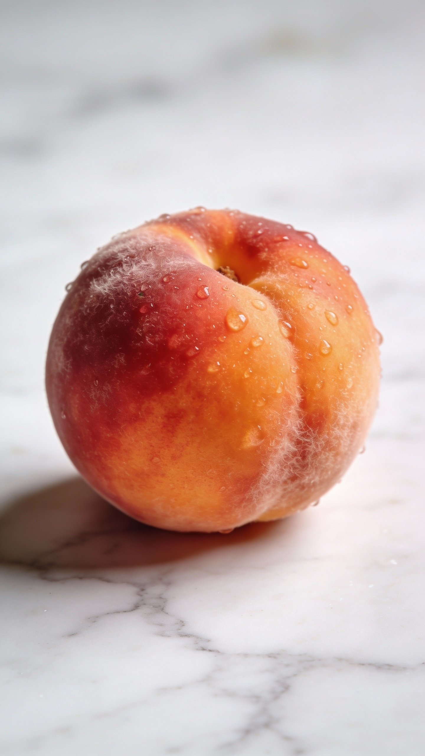 single ripe peach with dewdrops on white marble