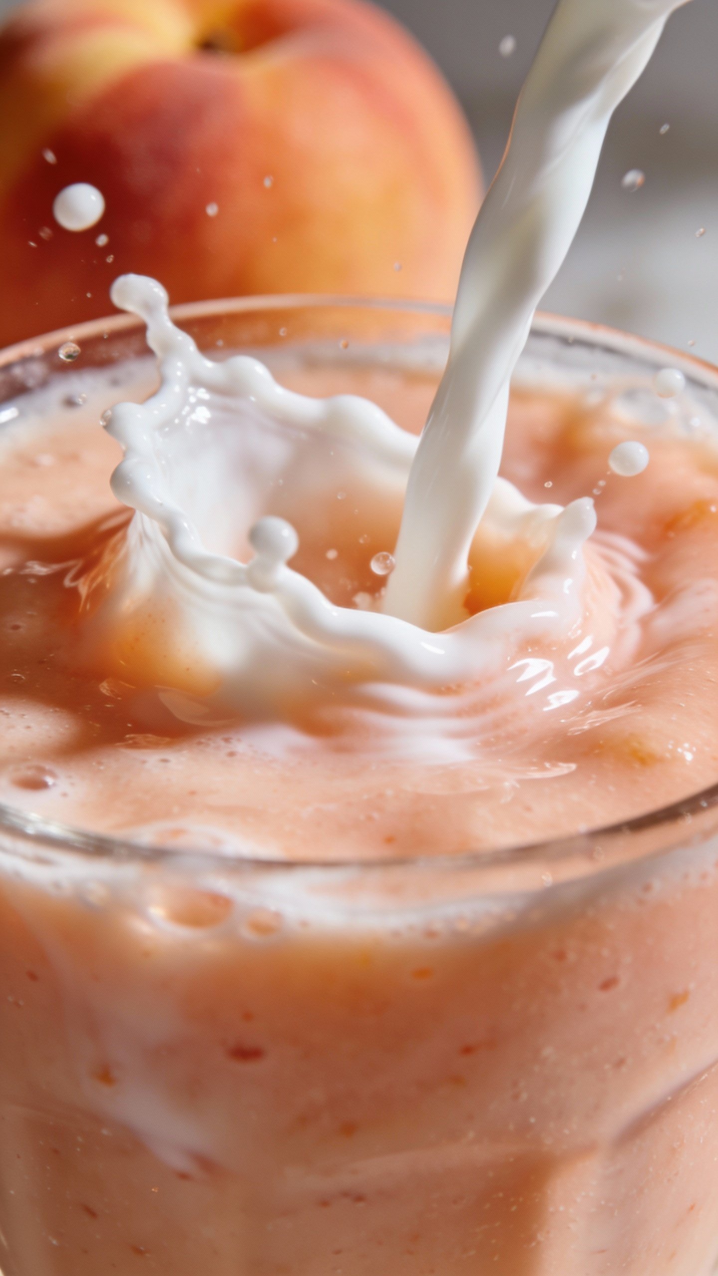 coconut milk splash into peach smoothie, macro shot