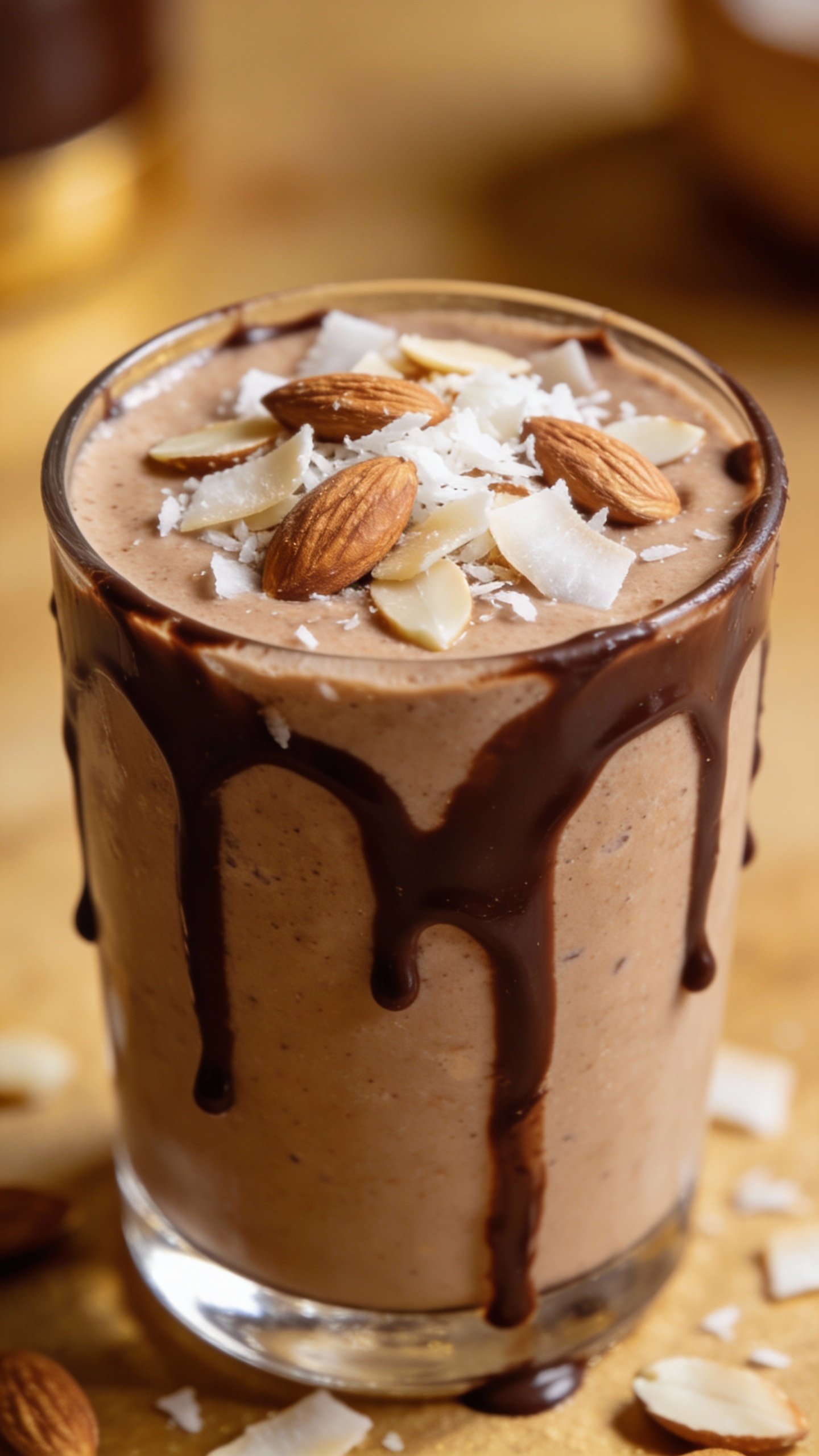 closeup Almond Joy protein smoothie in clear glass, chocolate drizzle