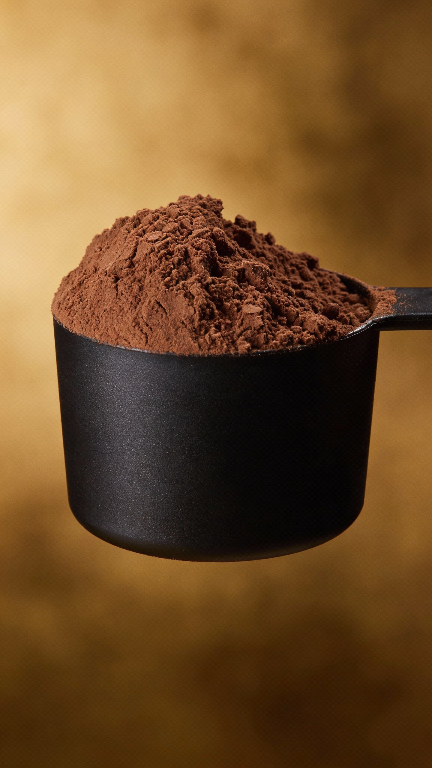 single scoop chocolate protein powder in matte black measuring scoop