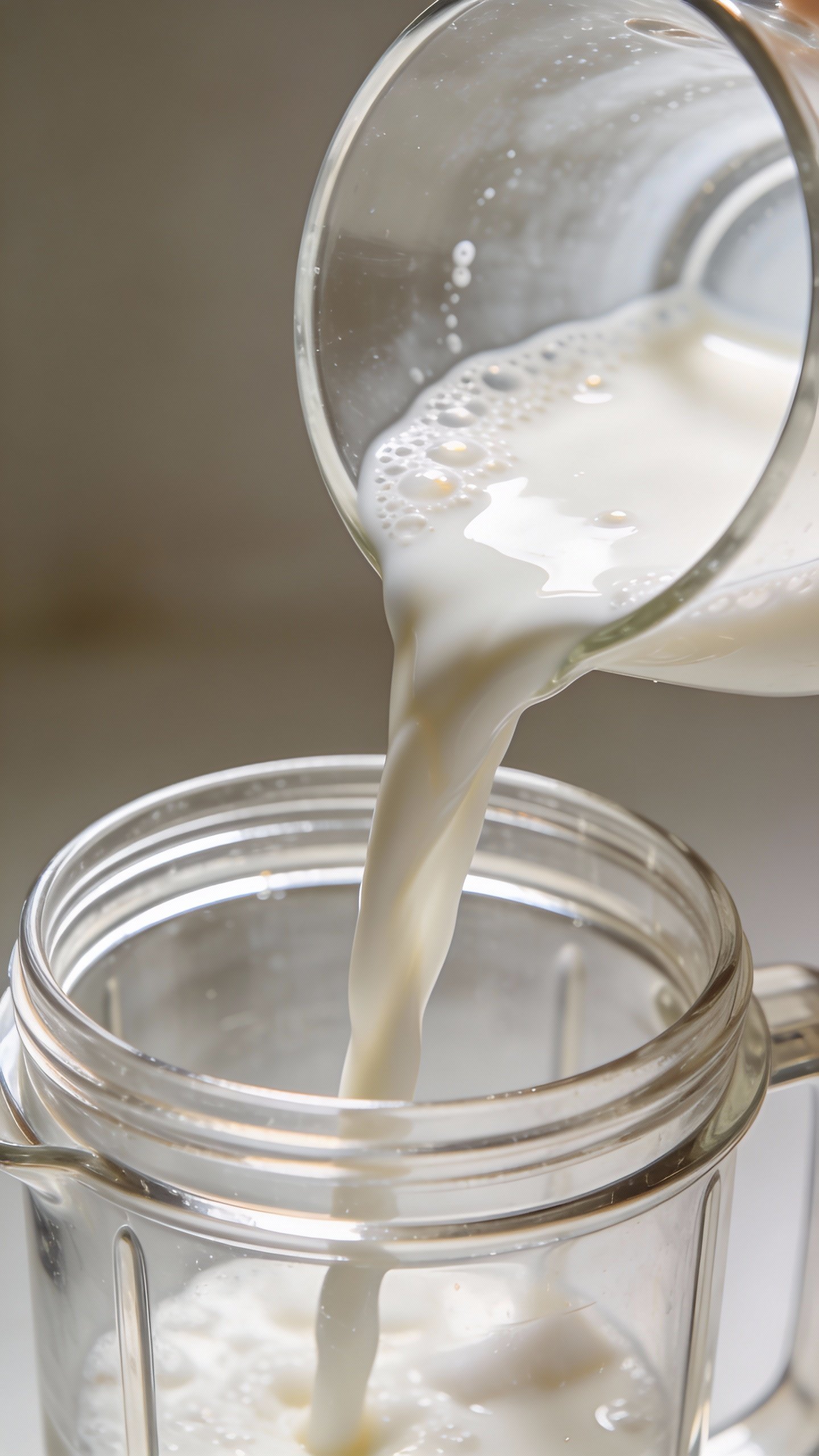unsweetened coconut milk pouring into blender jar, macro shot
