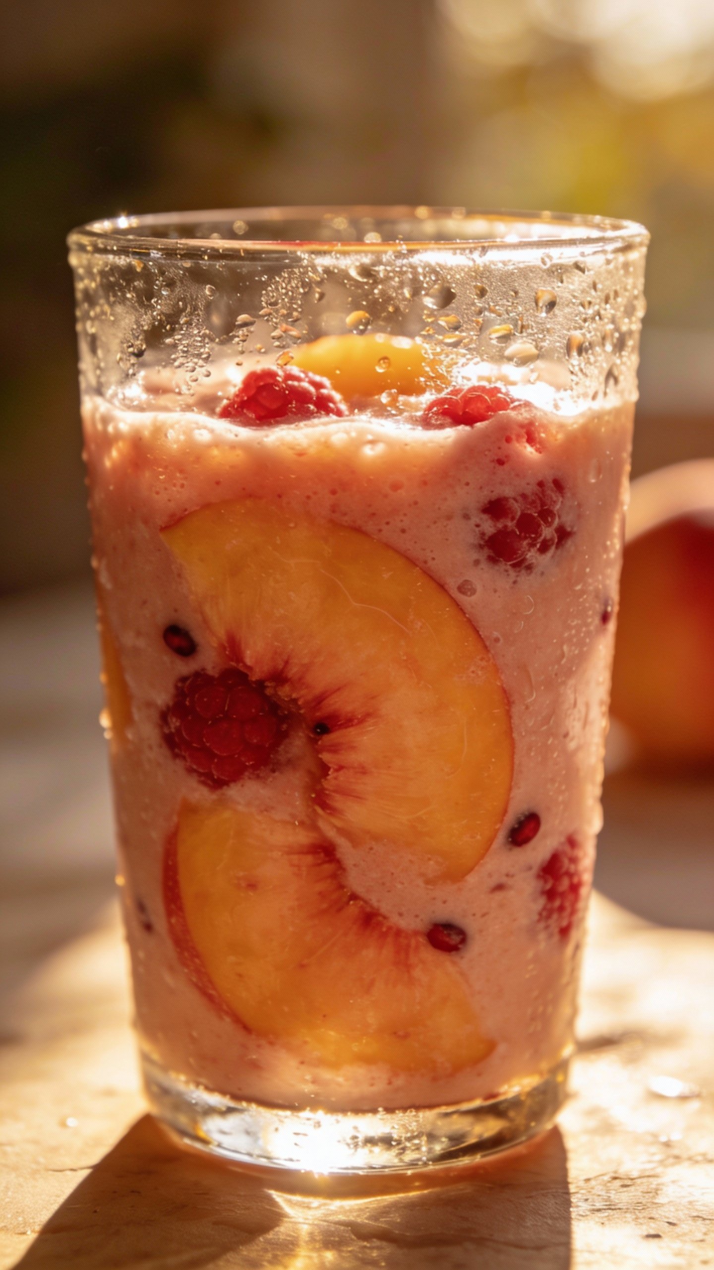 closeup peach raspberry smoothie in clear glass, condensation, backlit