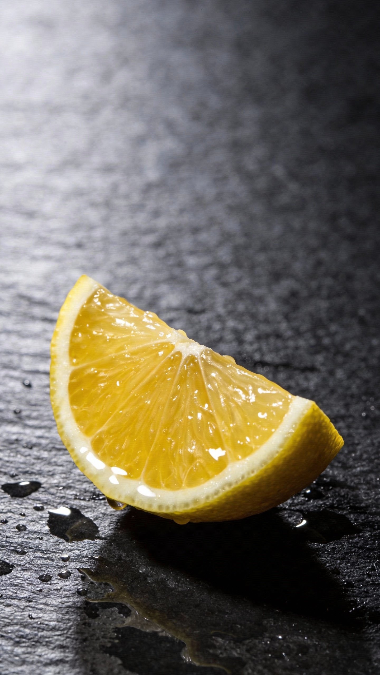 halved lemon on wet slate, macro detail, dramatic side light