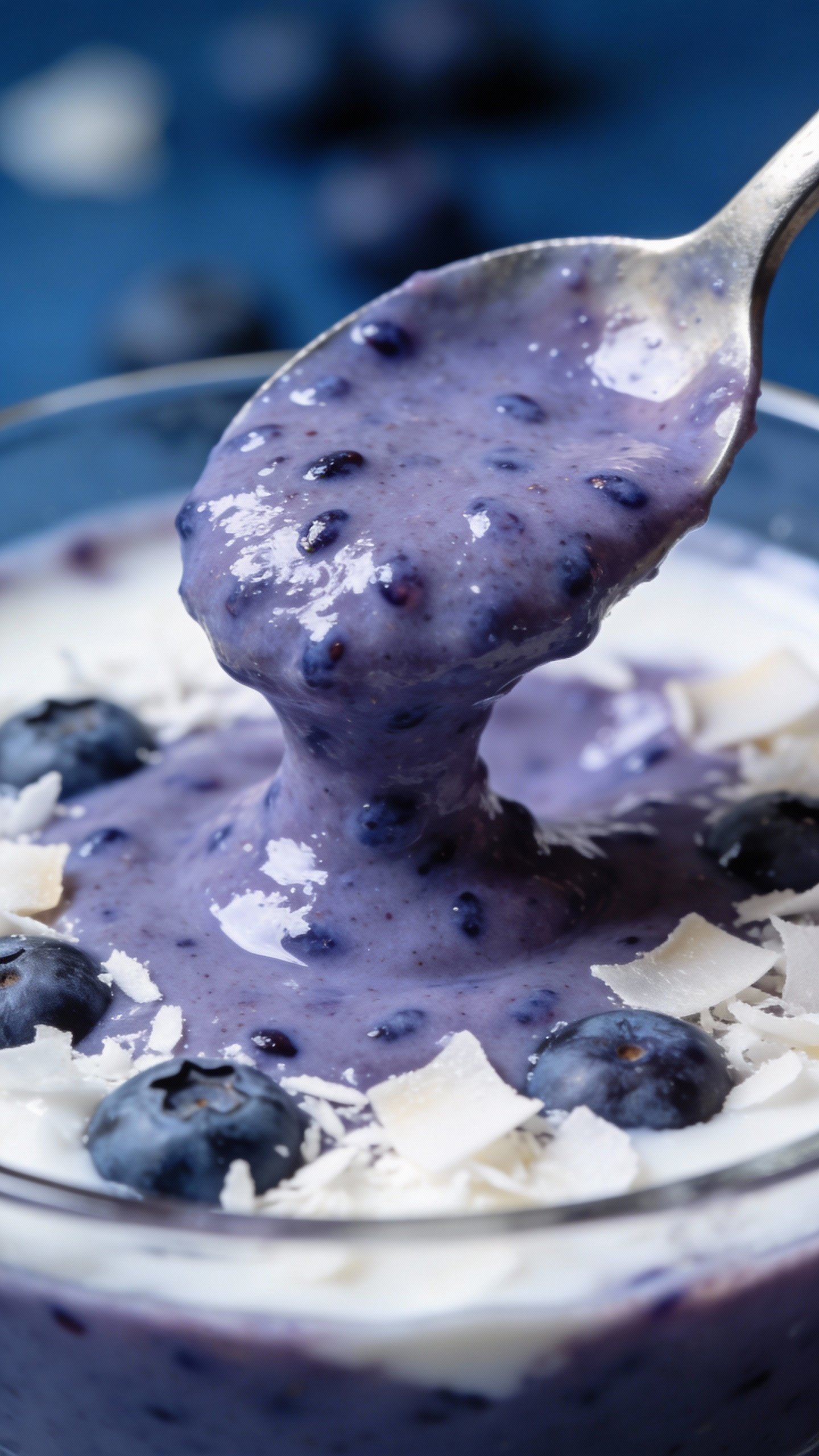 spoonful of thick blueberry coconut smoothie, silky texture