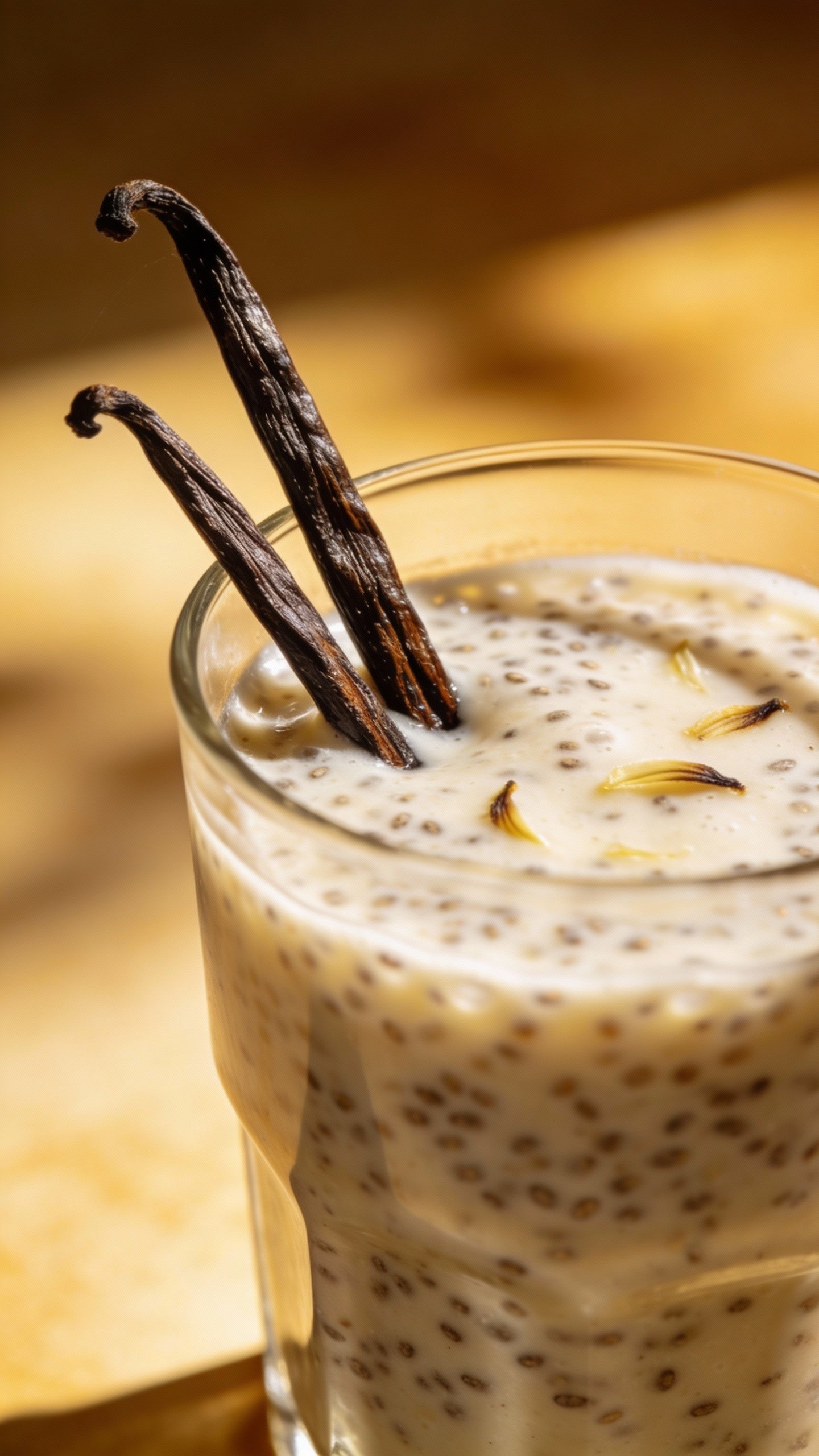 closeup vanilla chia breakfast smoothie in clear glass