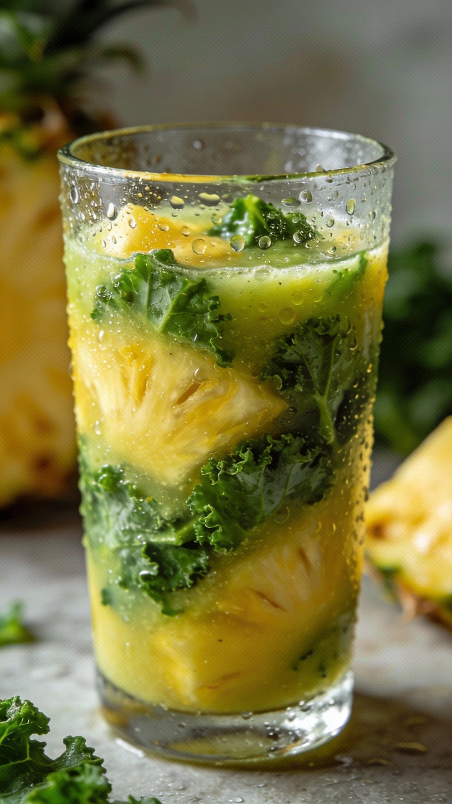 closeup of pineapple kale smoothie in clear glass, condensation