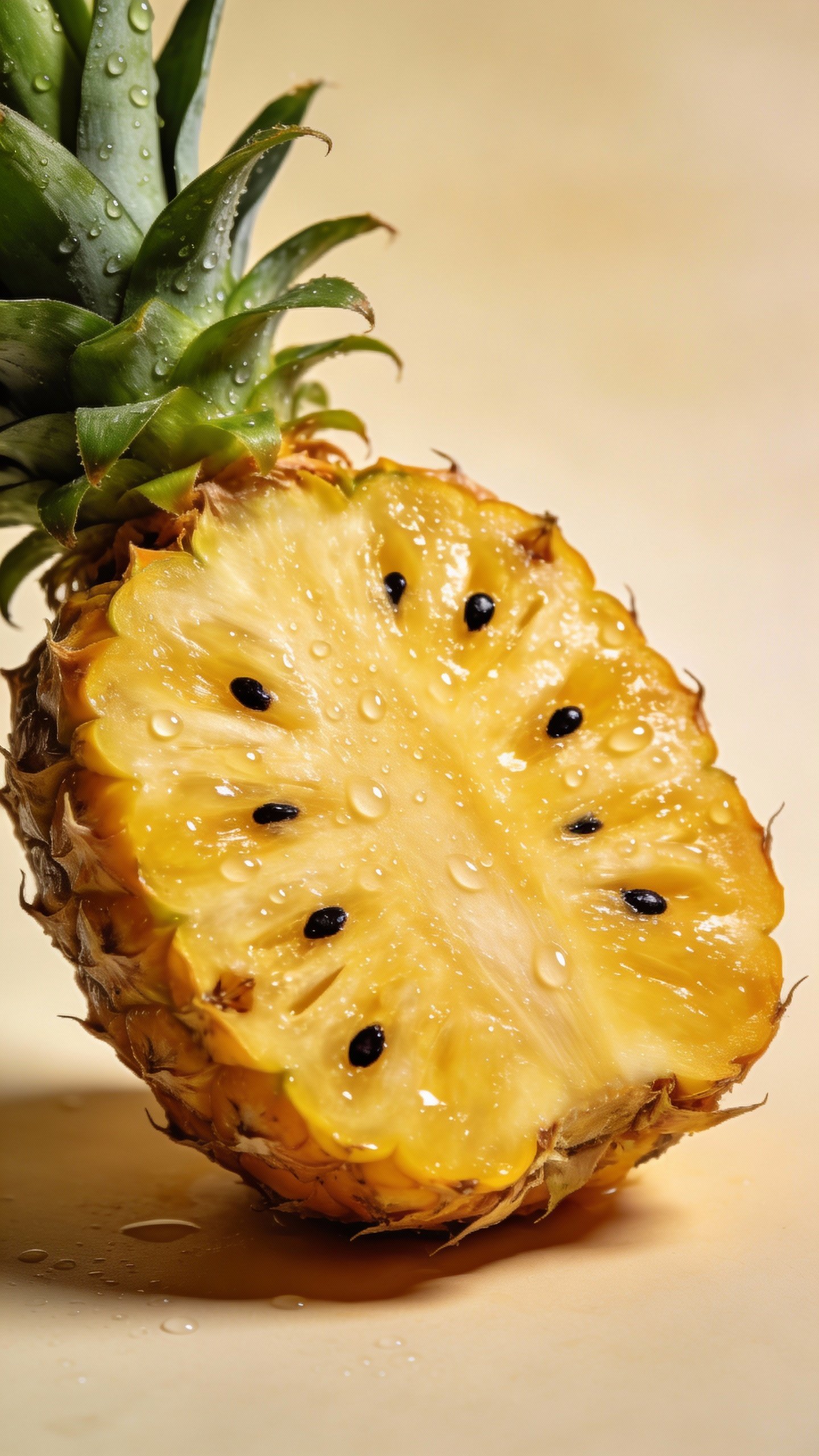 single halved pineapple with dewy surface, studio lighting