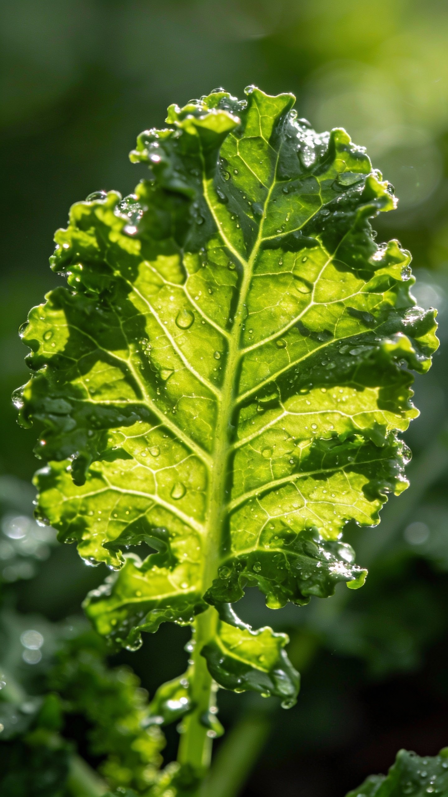 single kale leaf washed and backlit, vivid green veins