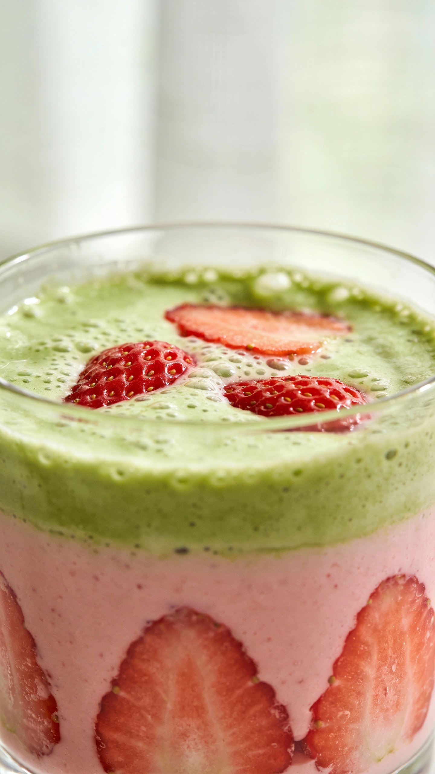 closeup strawberry matcha smoothie in clear glass, soft window light
