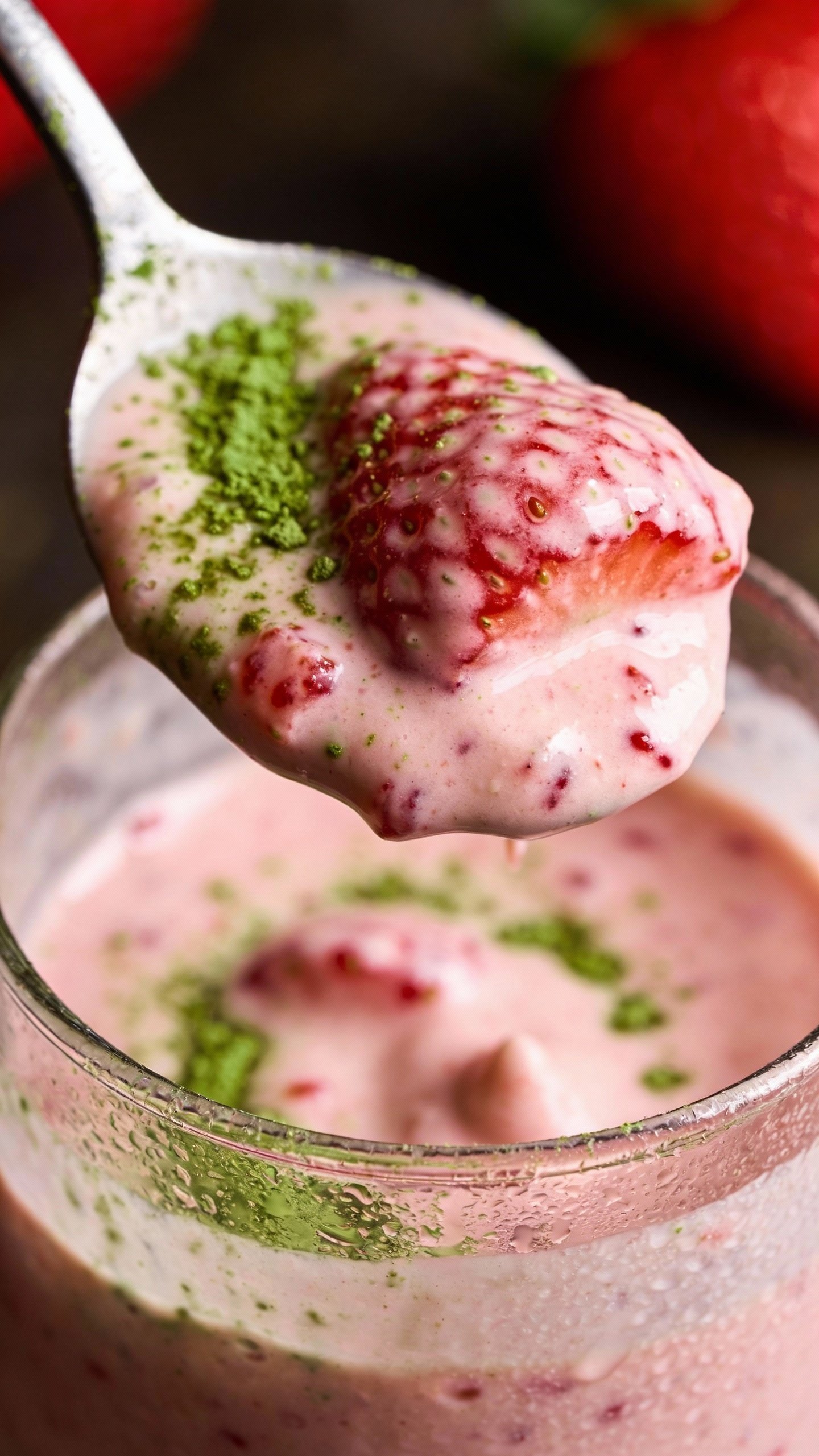 closeup spoonful of creamy strawberry matcha smoothie above glass