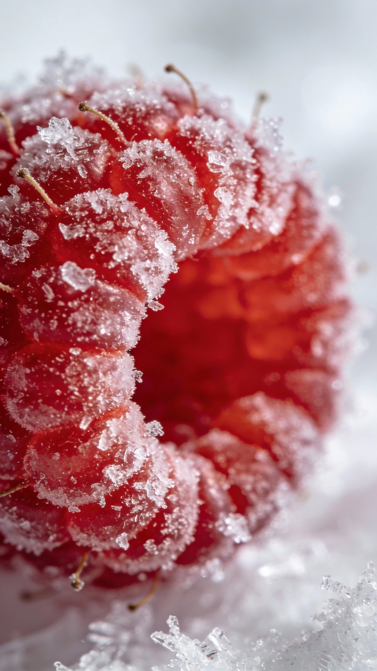 single frozen raspberry with frost crystals, macro shot