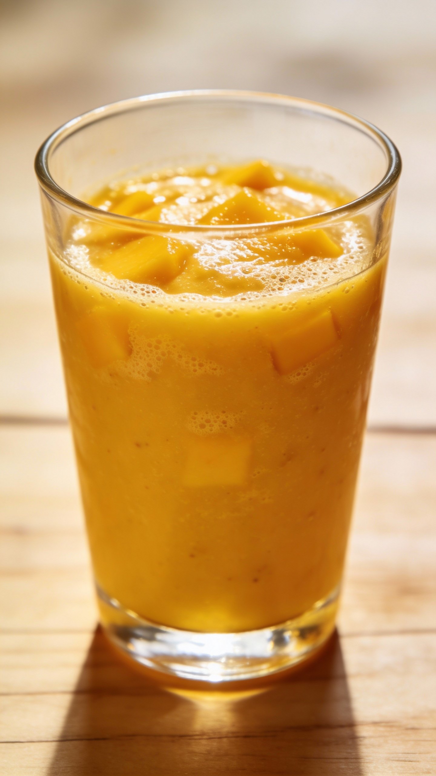 closeup of mango turmeric smoothie in clear glass, bright yellow