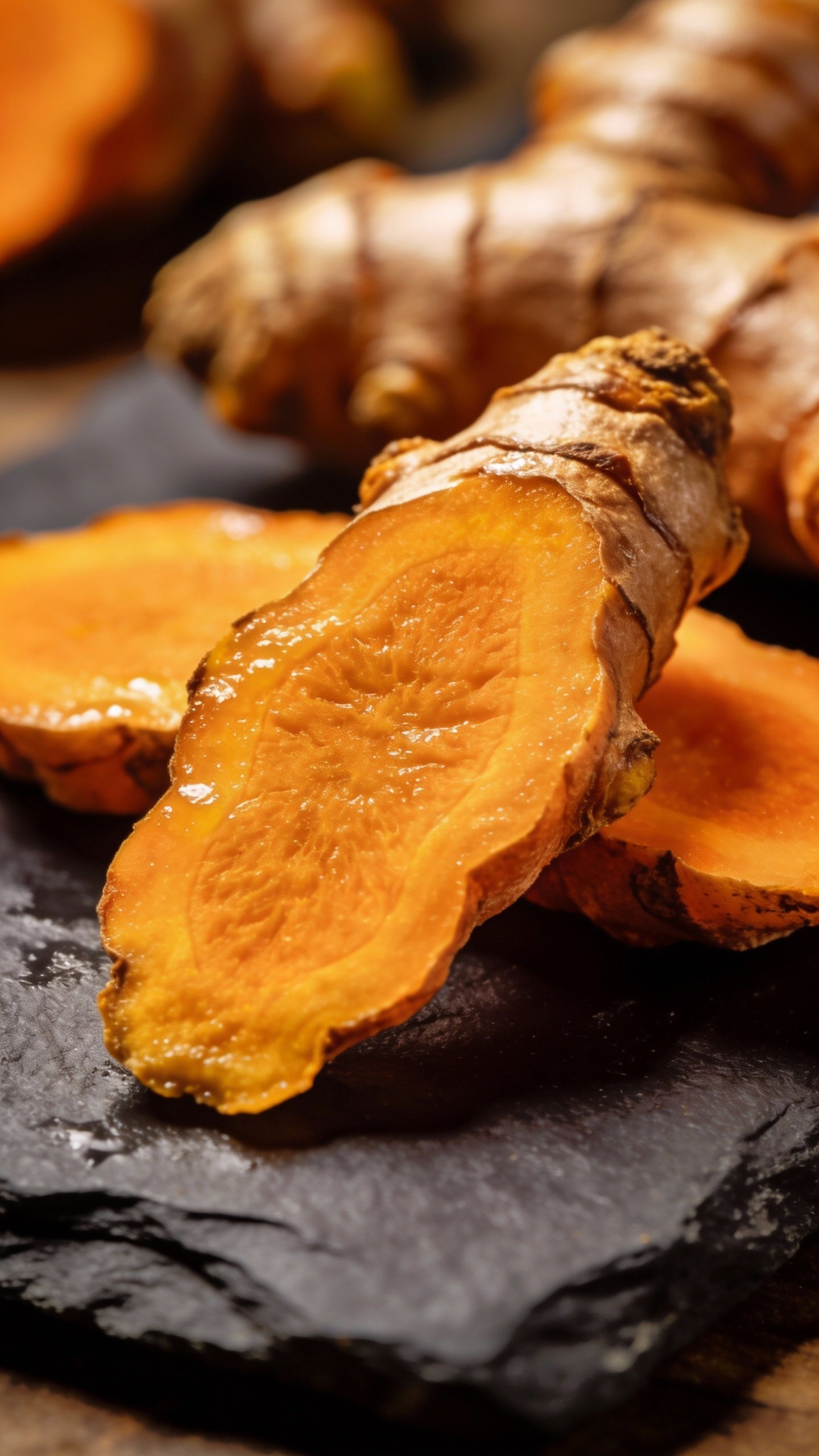 macro shot of fresh turmeric root slice on dark slate
