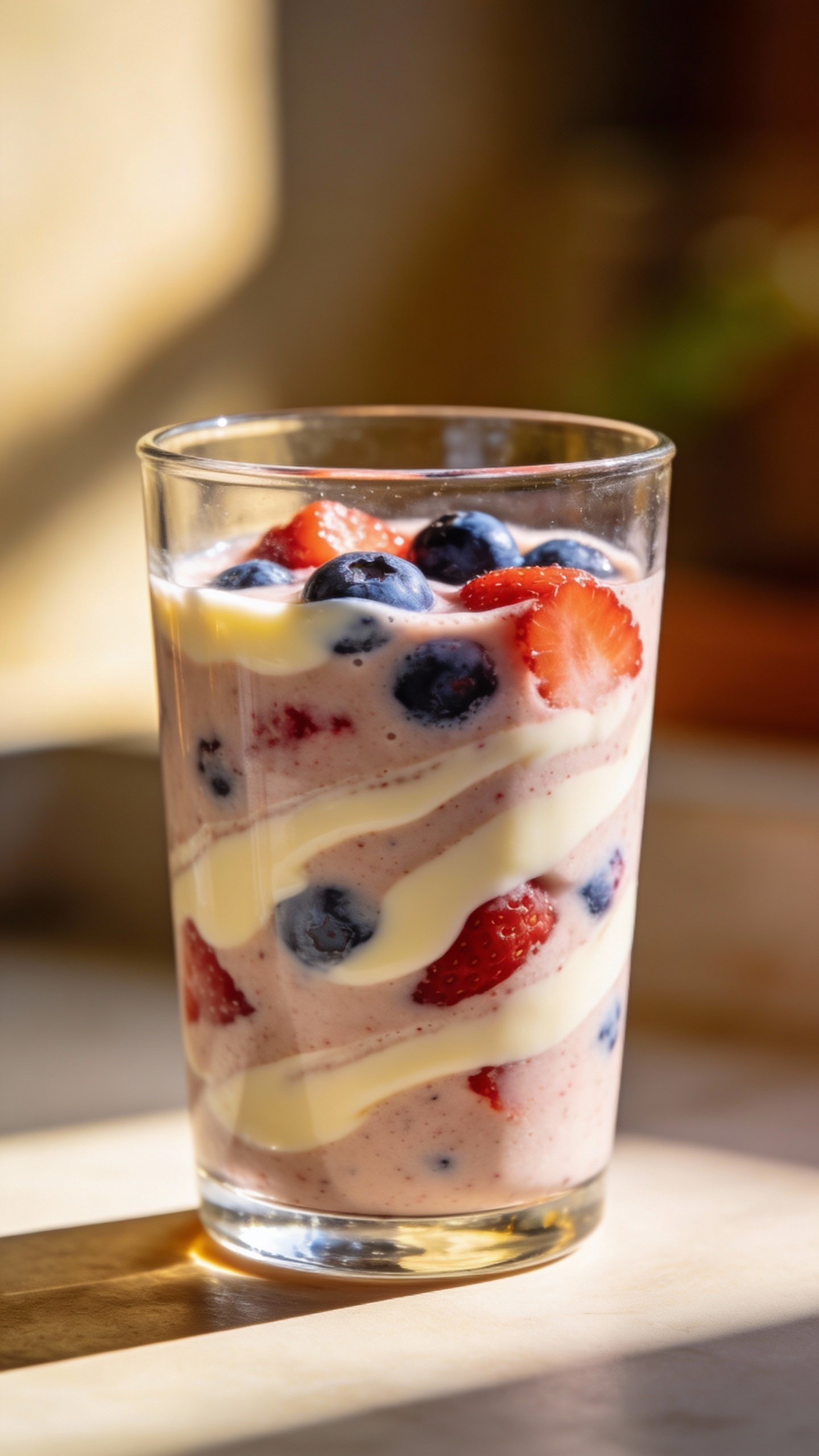 closeup of vanilla berry probiotic smoothie in clear glass