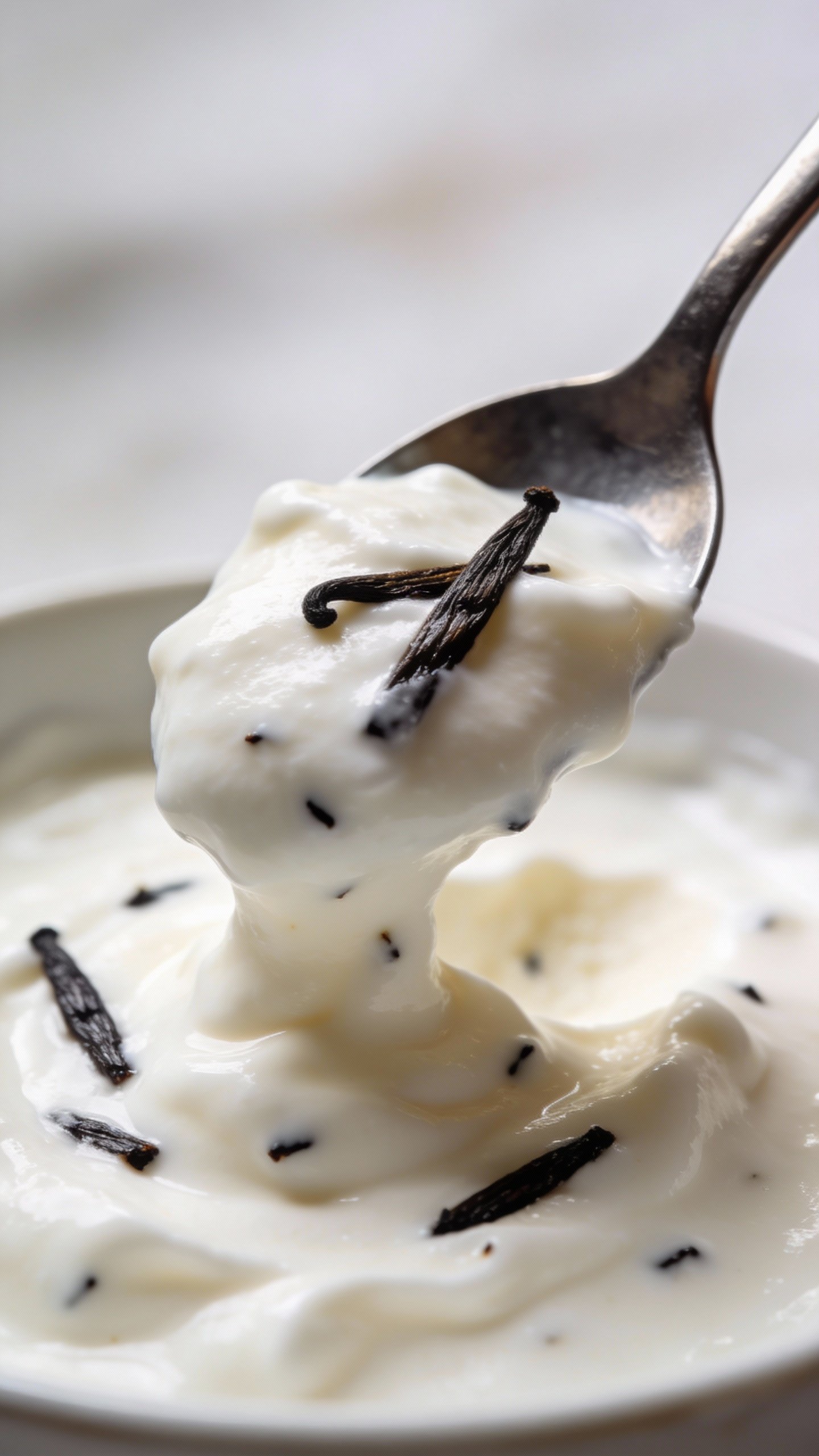 spoonful of thick Greek yogurt with vanilla bean specks