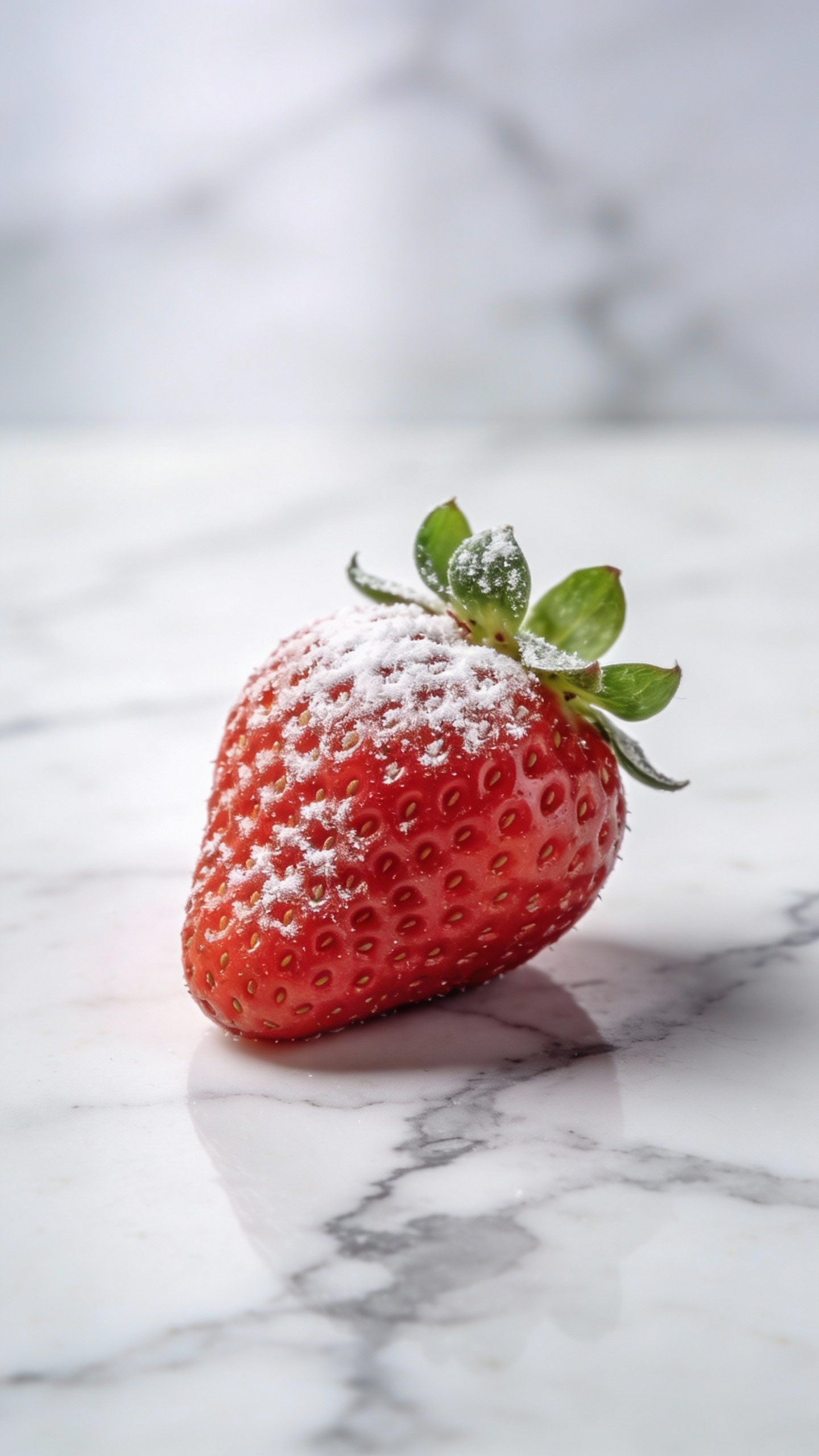 single fresh strawberry dusted with frost on marble surface
