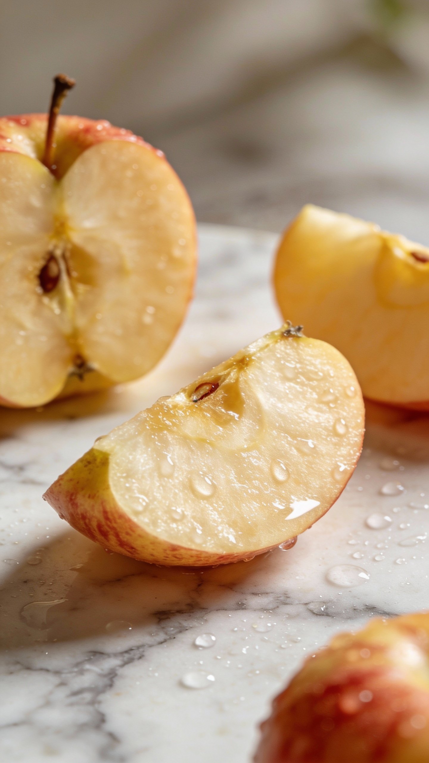 closeup Honeycrisp apple sliced on marble, dewdrops, natural light