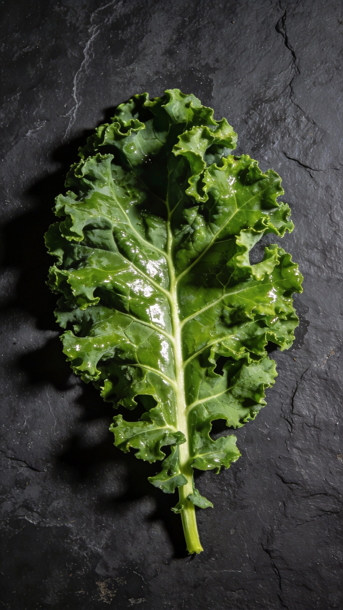 single kale leaf, massaged and glossy, on dark slate backdrop
