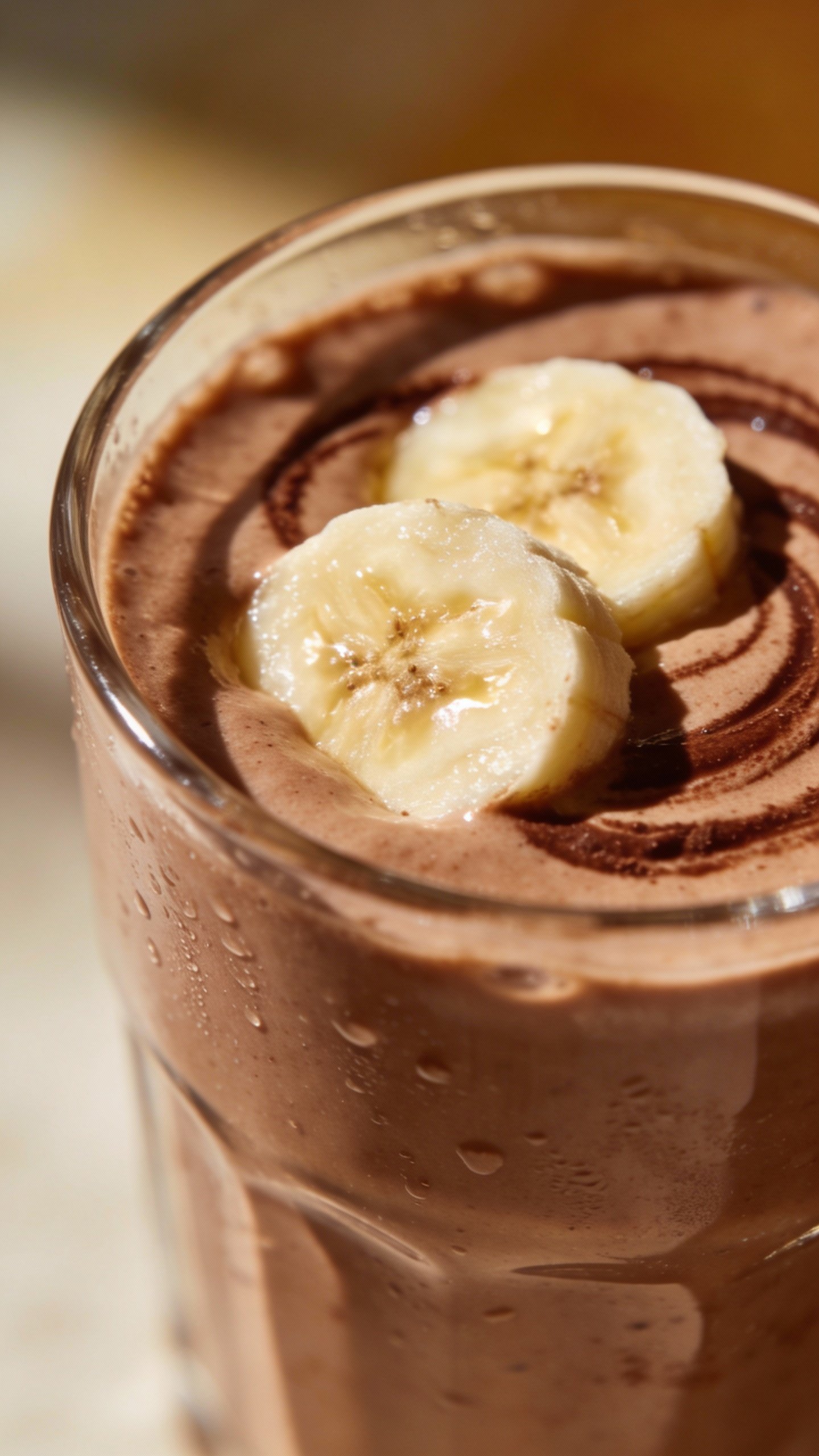 closeup cocoa banana smoothie in clear glass, soft daylight