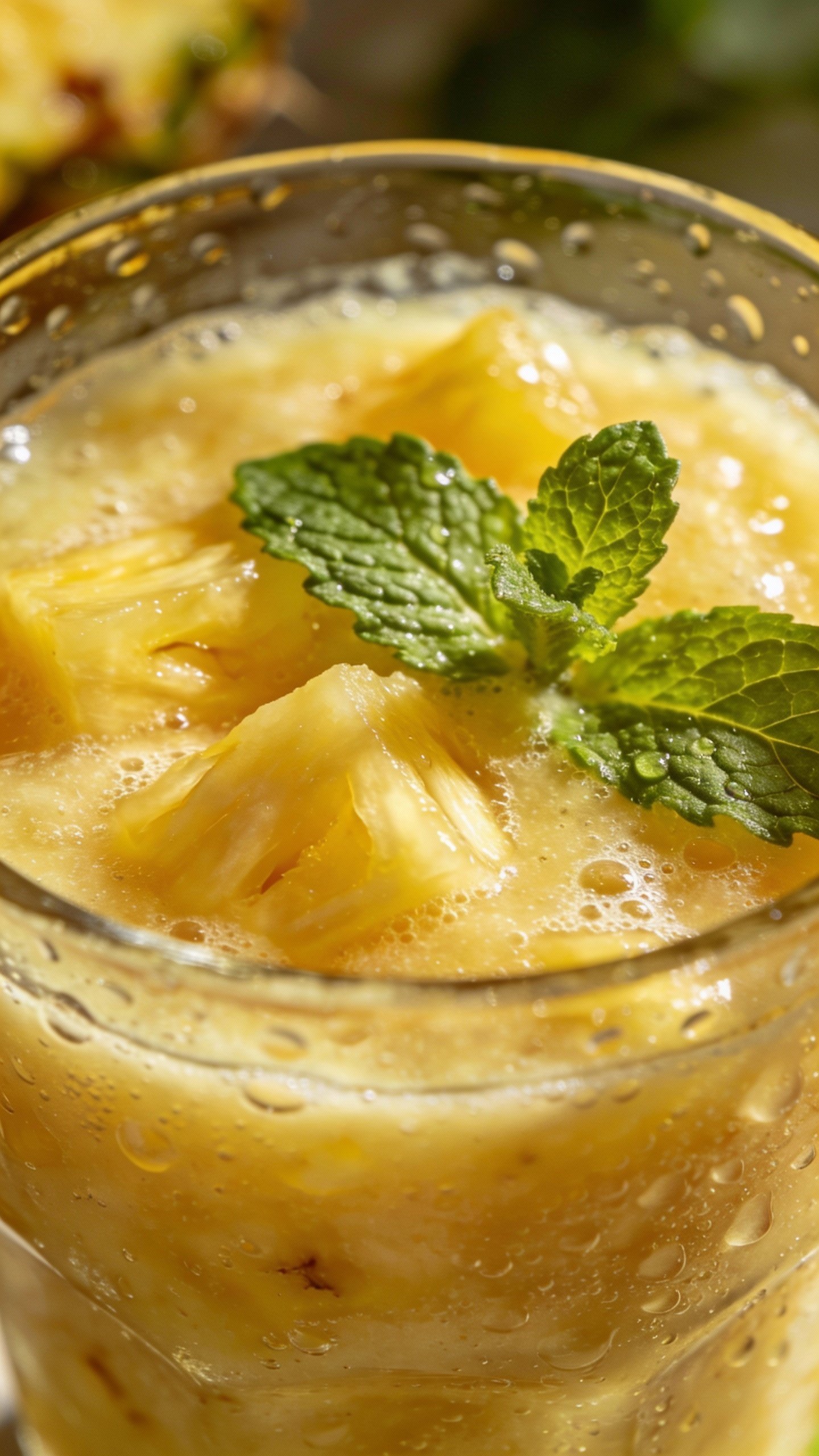 closeup pineapple mint smoothie in clear glass, condensation