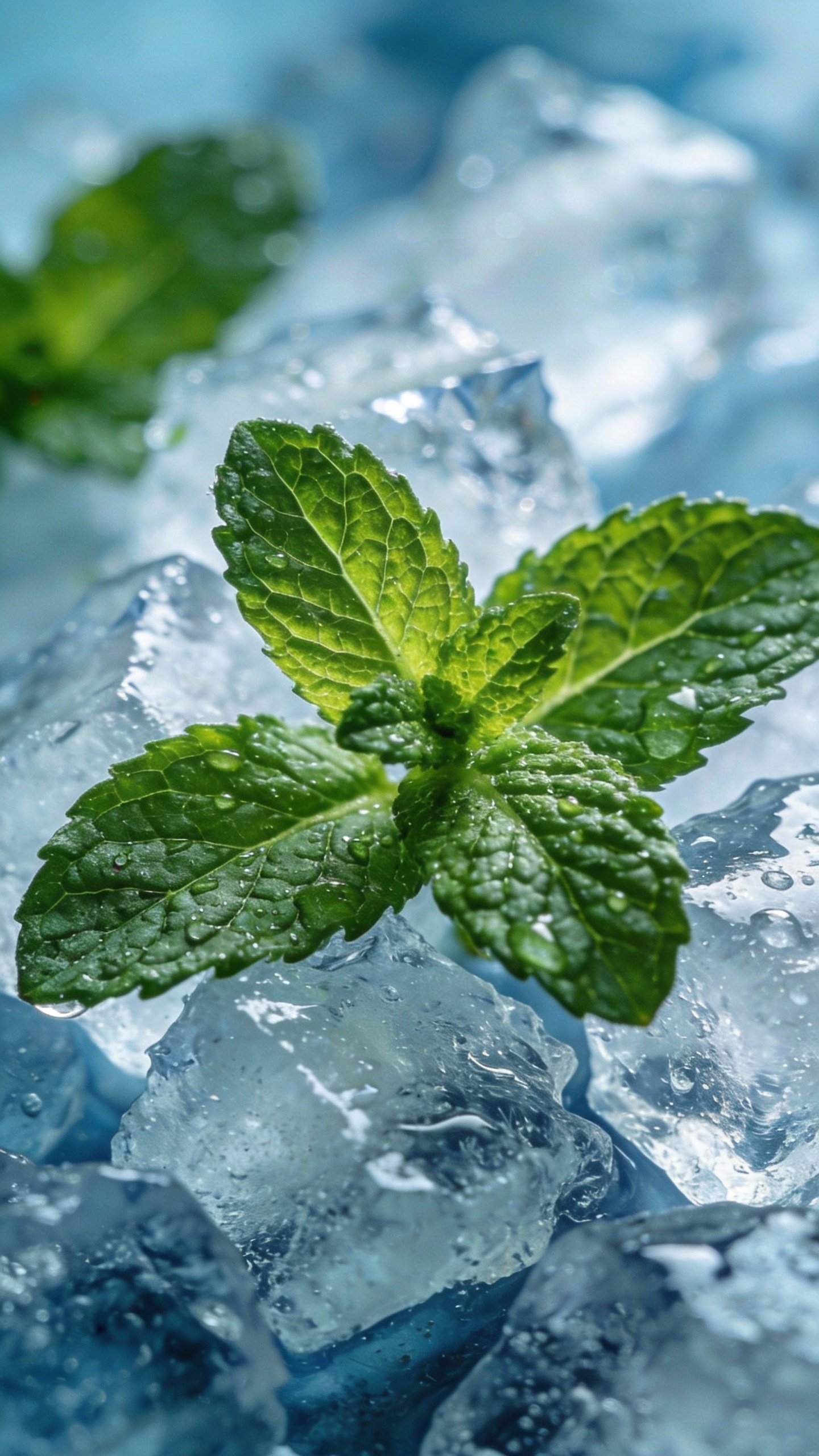 macro shot of fresh mint leaves on crushed ice