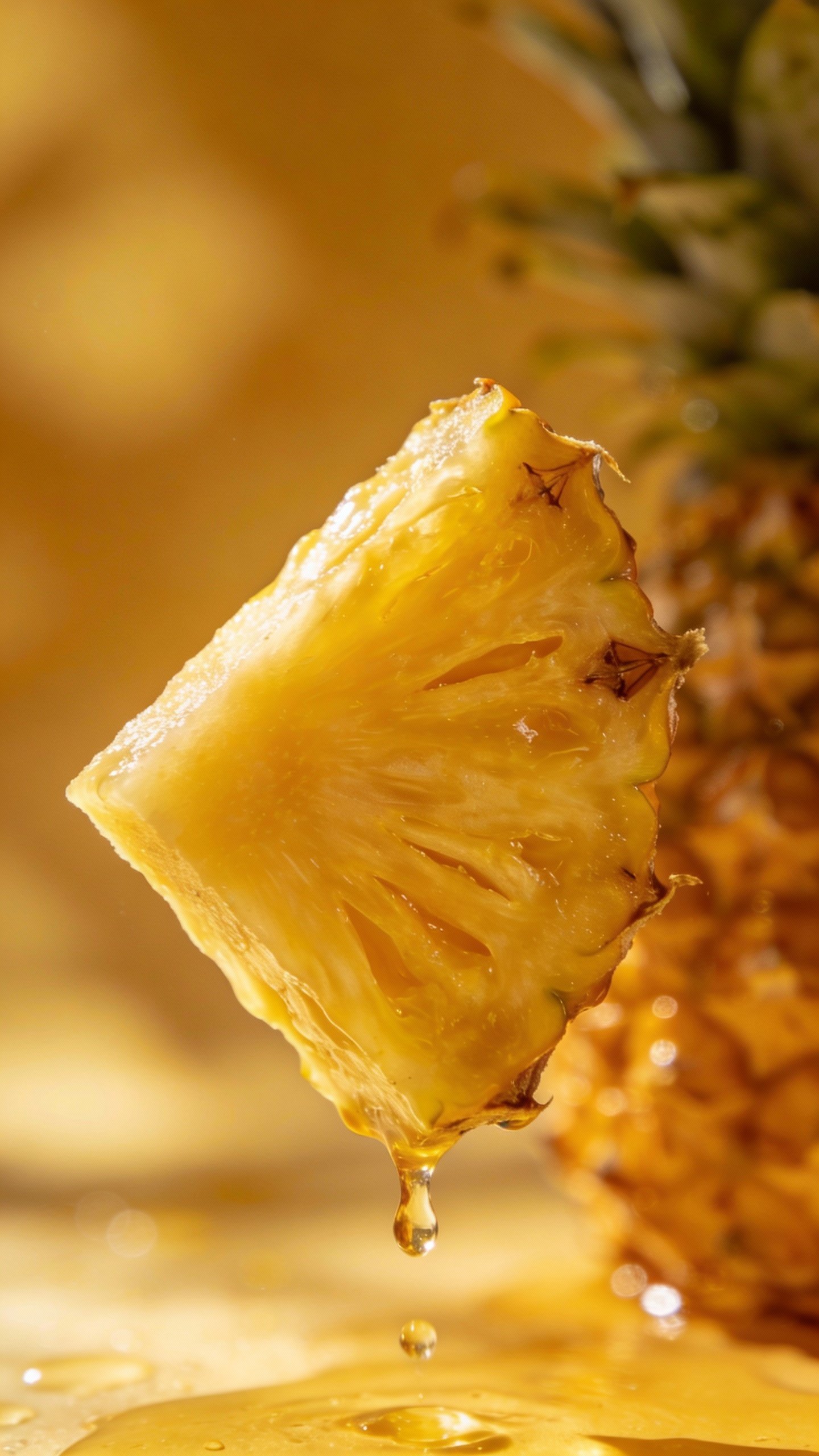 single pineapple wedge with dripping juice, studio lighting