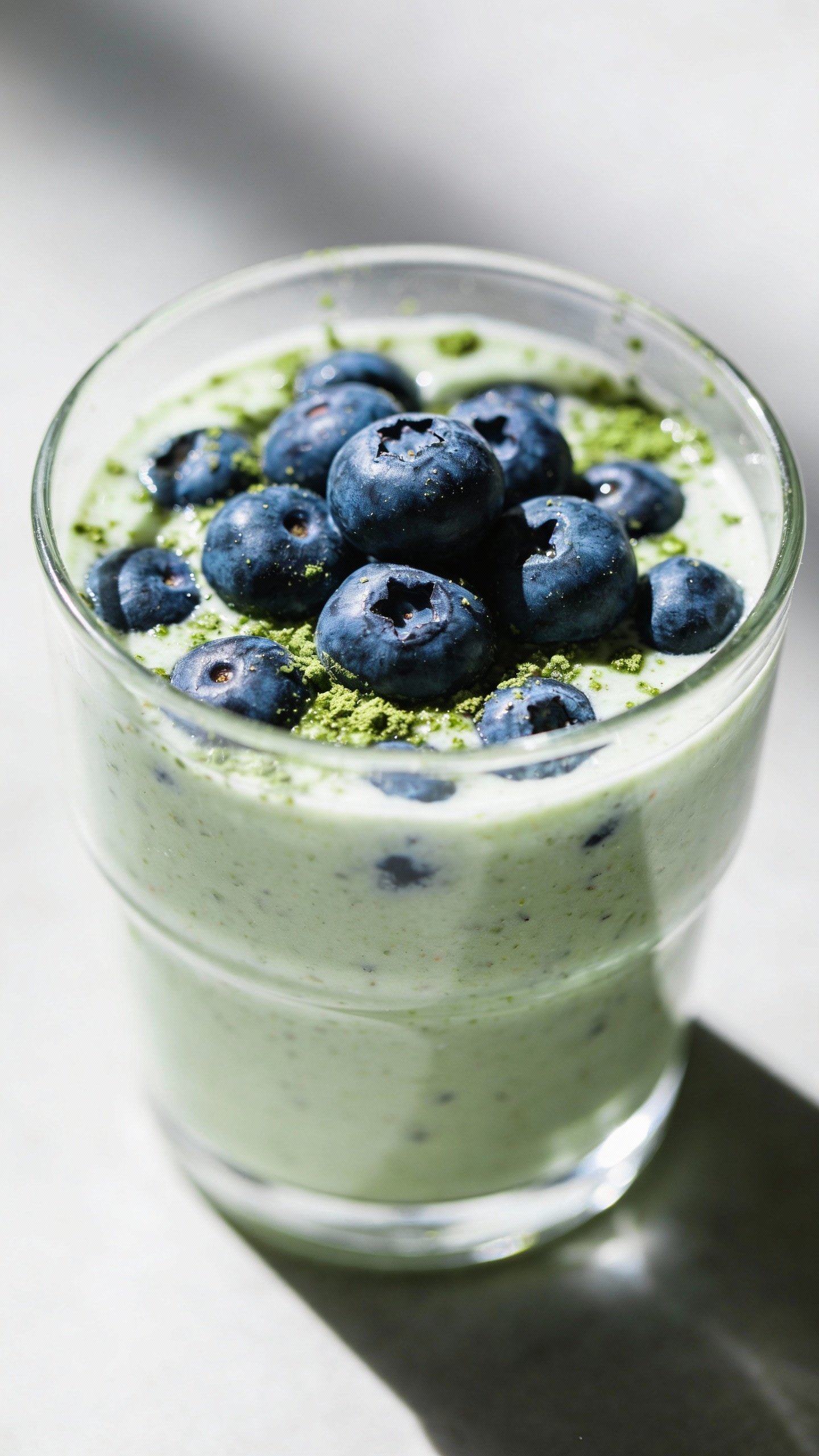 closeup blueberry matcha smoothie in clear glass, soft natural light