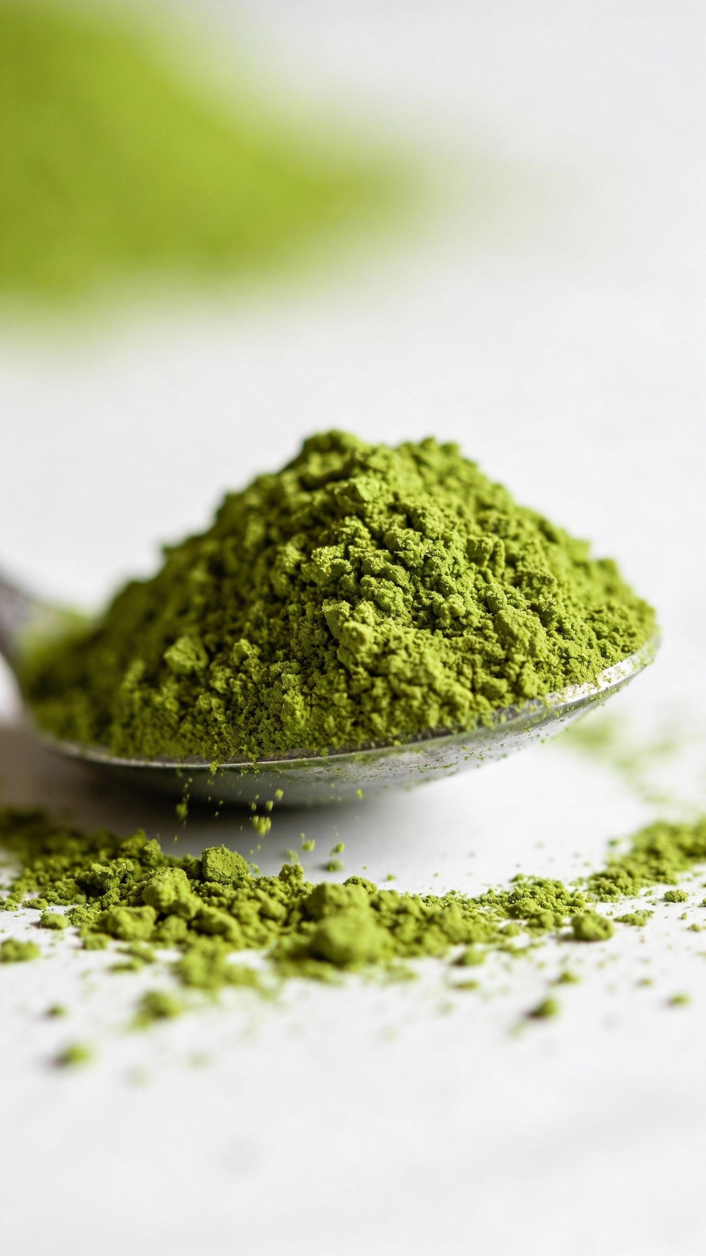 heaping spoon of vibrant matcha powder, macro studio shot