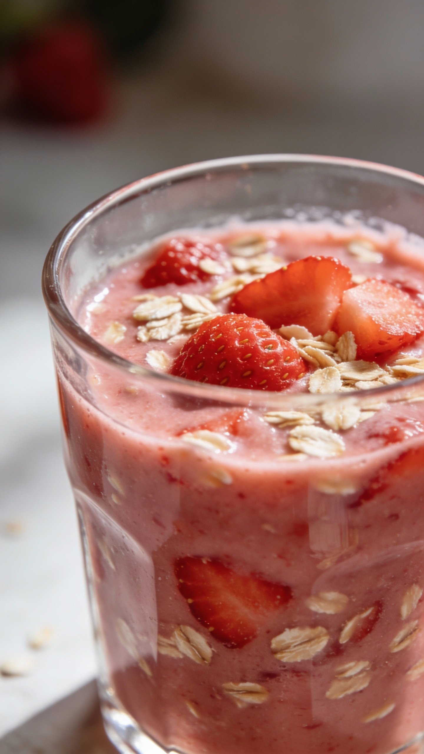 closeup strawberry oatmeal smoothie in clear glass, soft daylight