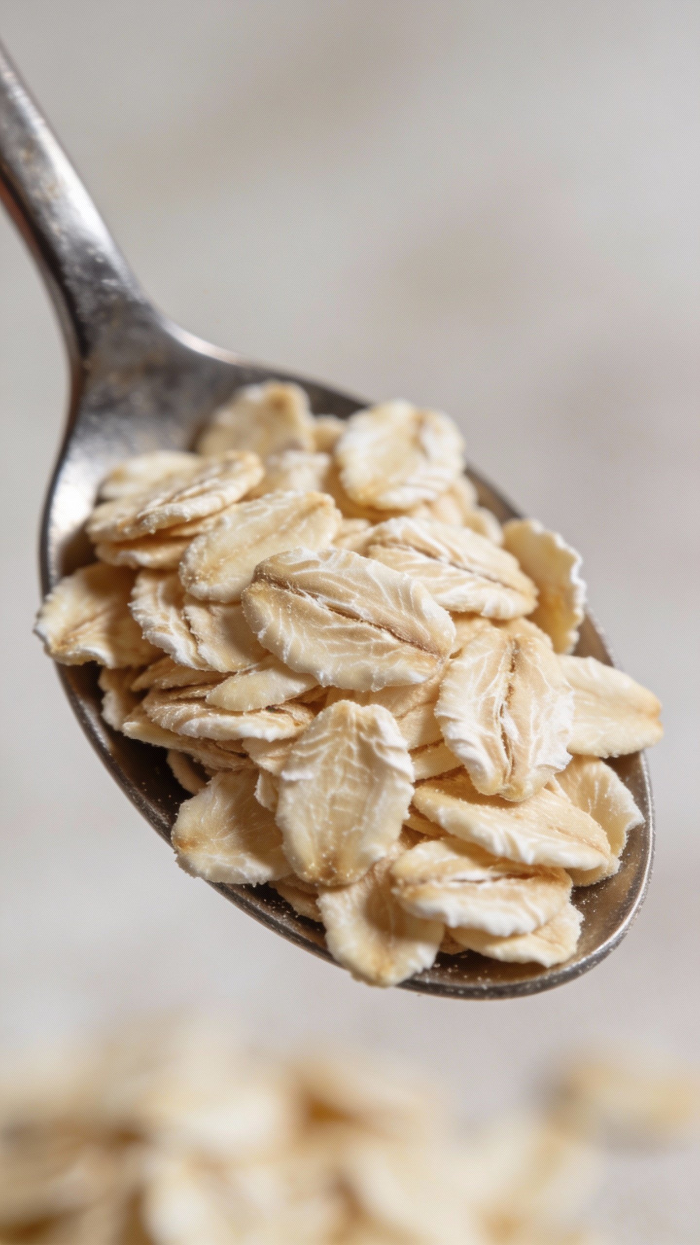 spoonful of raw rolled oats, macro texture, neutral backdrop