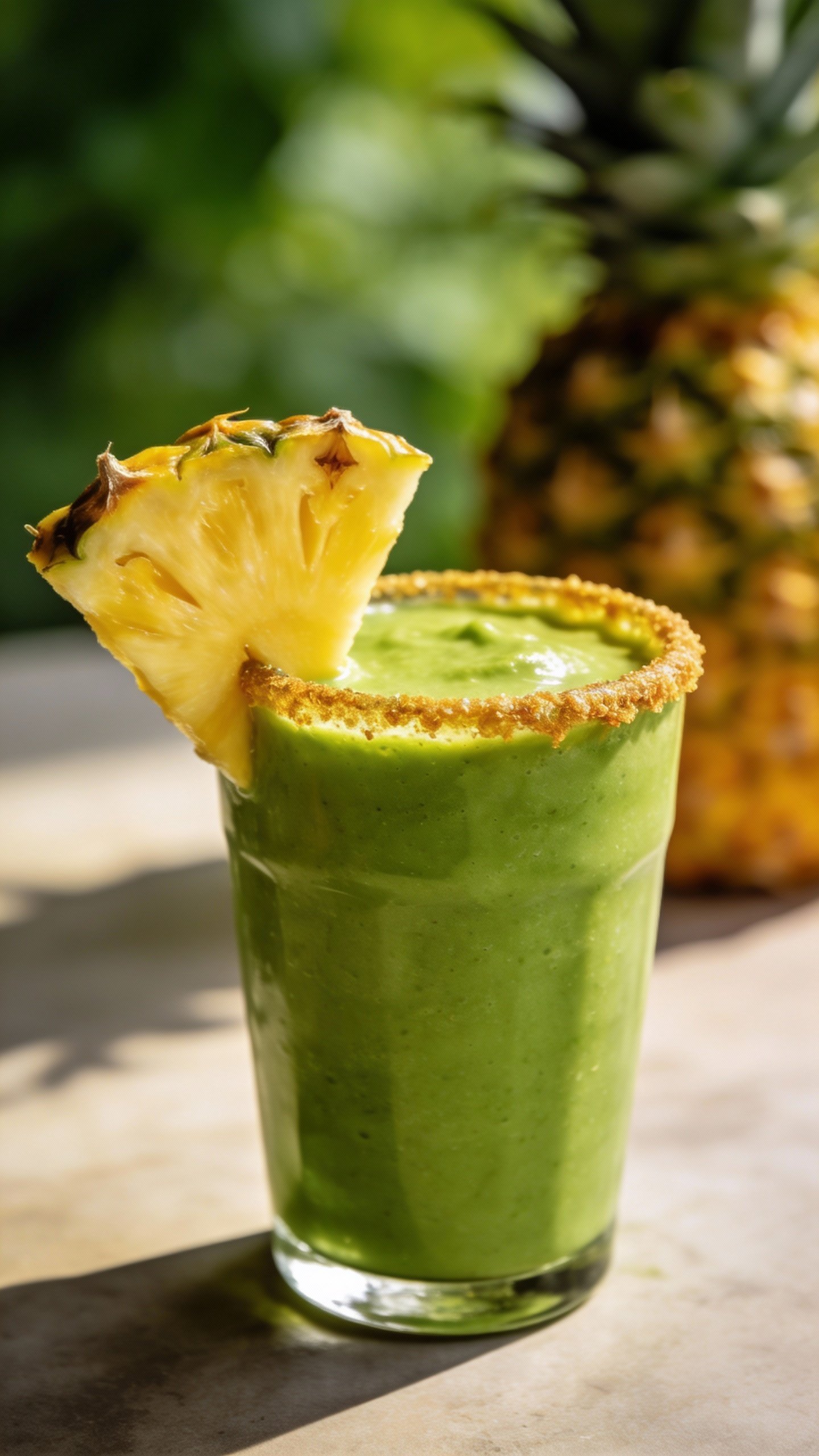 fresh pineapple slice garnish on rim of green smoothie