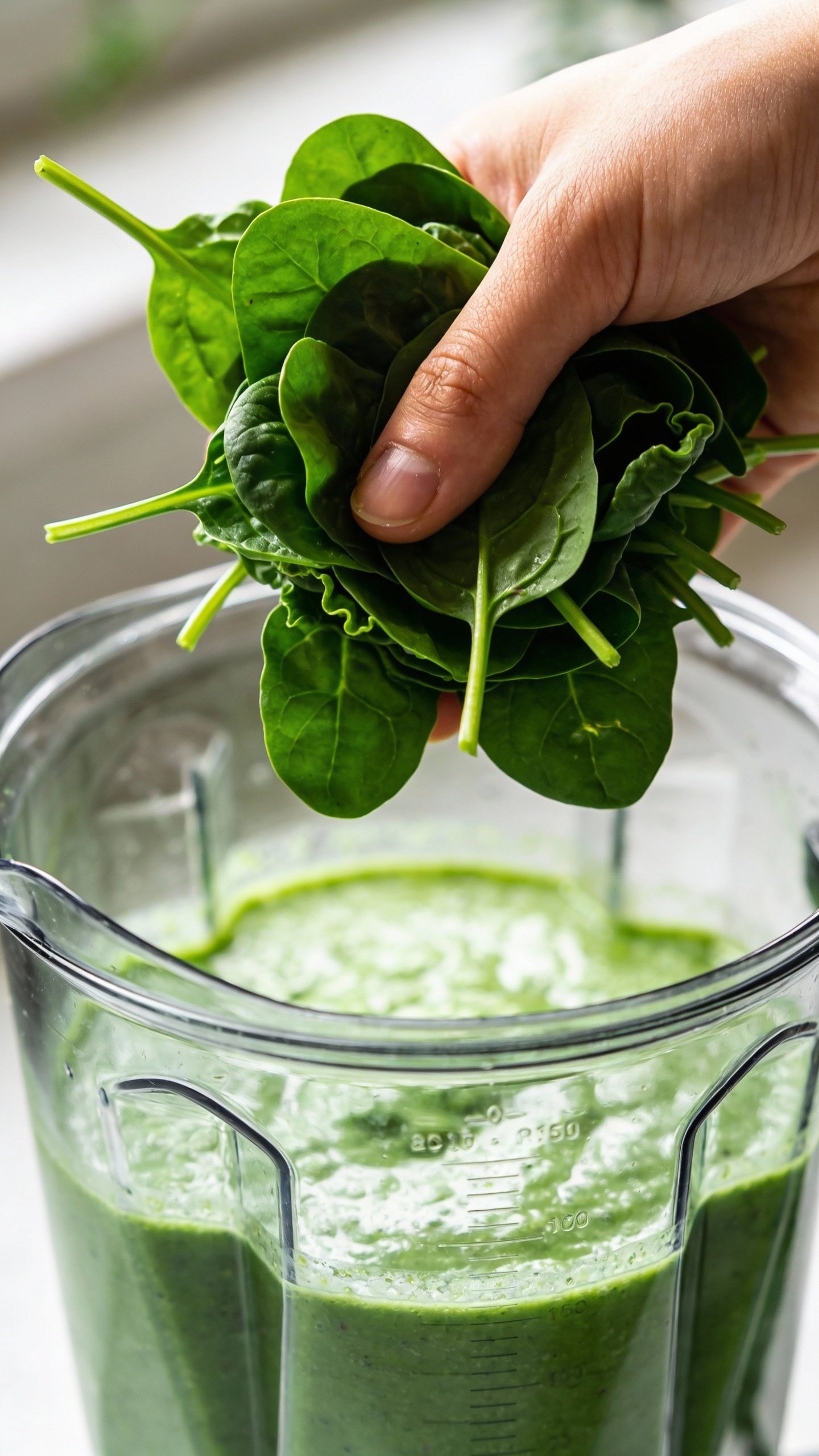 handful of spinach above blender with green smoothie base