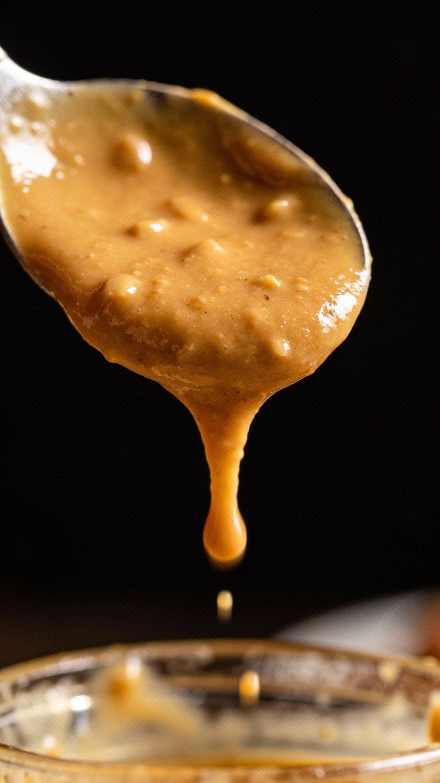 spoonful of almond butter dripping, macro shot, dark background