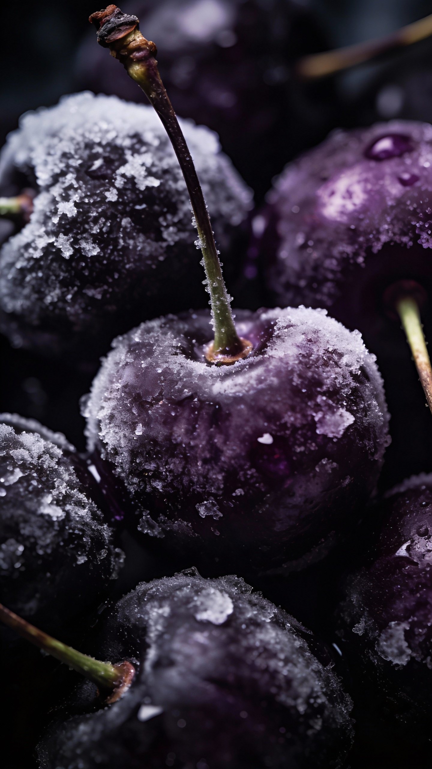 frozen dark cherries with frost, extreme closeup, moody lighting