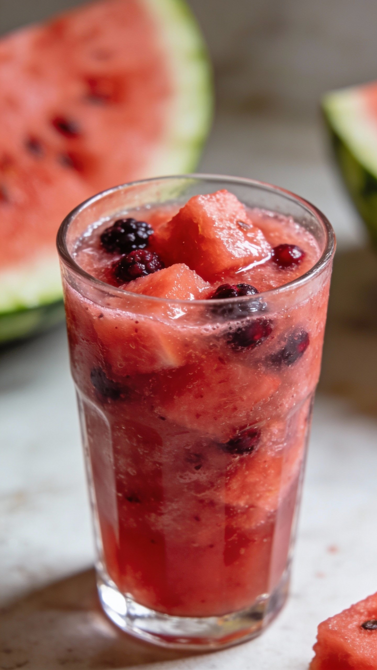 closeup watermelon berry hydration smoothie in clear highball glass