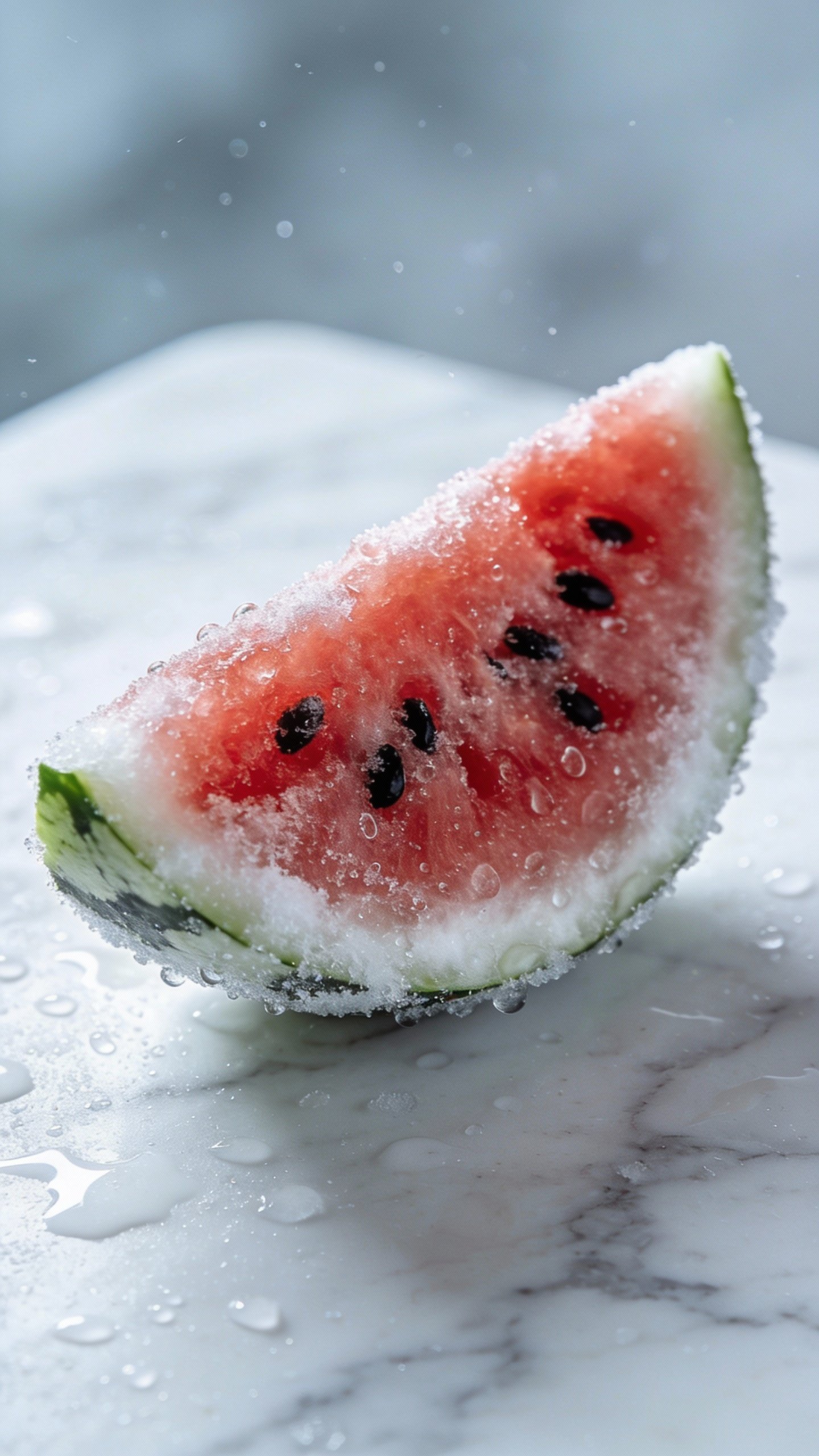 single frosty watermelon slice with condensation on white marble