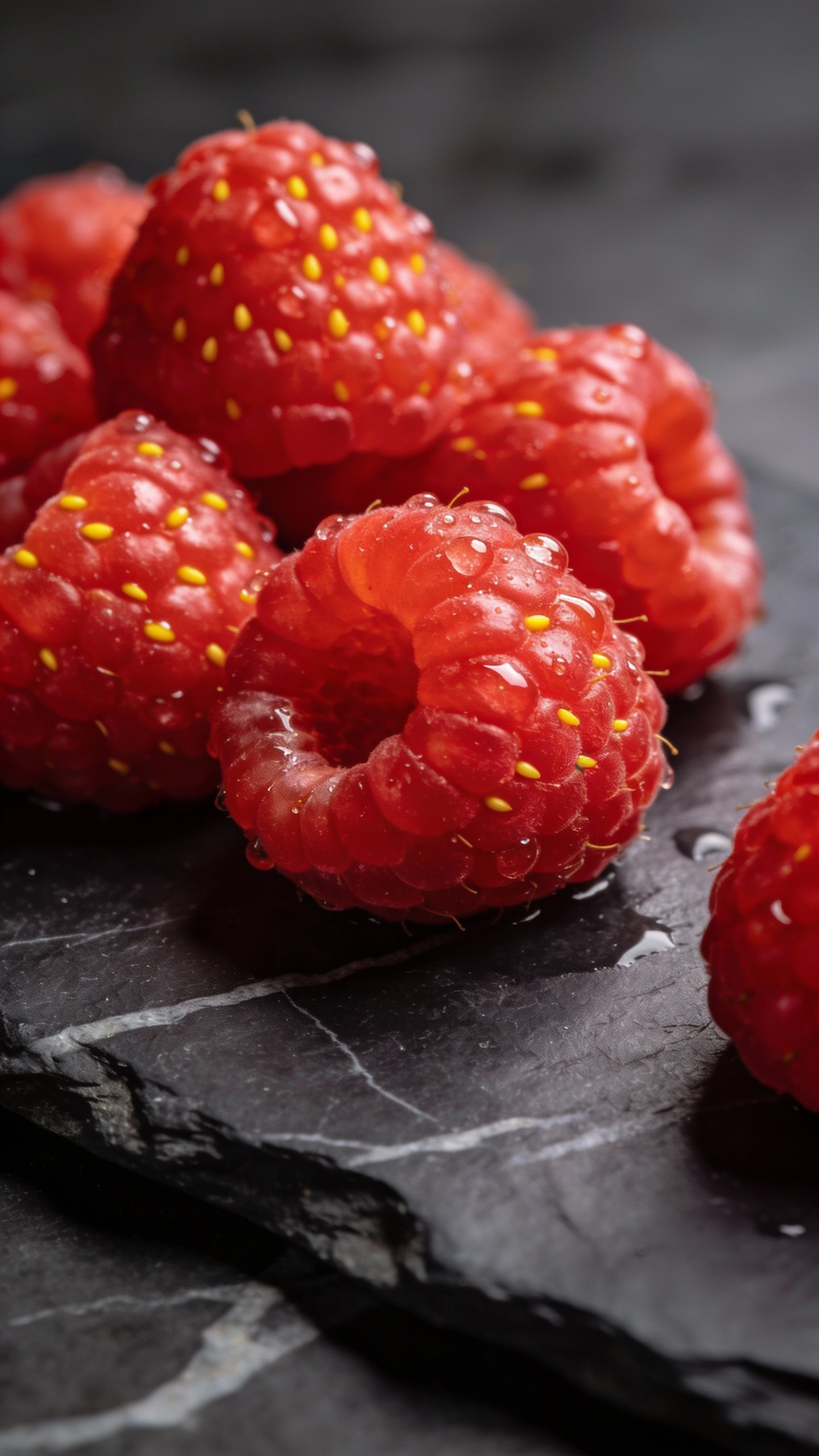 closeup handful of fresh raspberries with dewdrops on slate