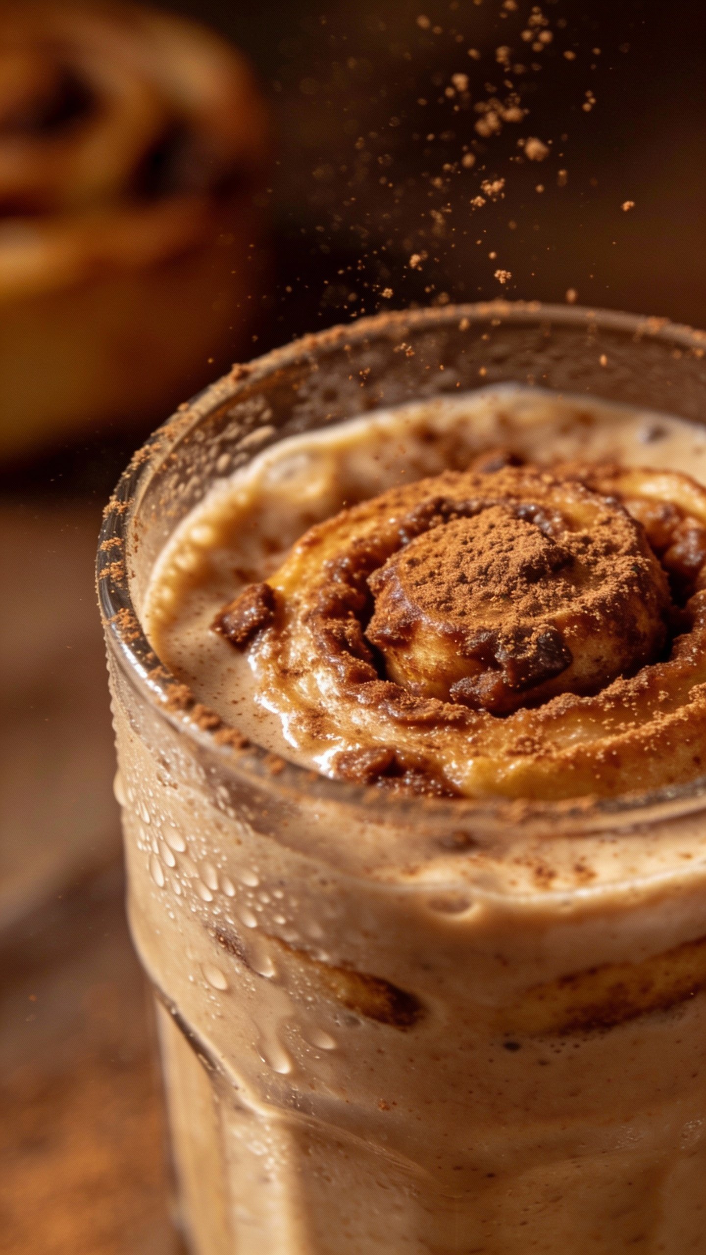 closeup cinnamon roll protein smoothie in clear glass, cinnamon dusted