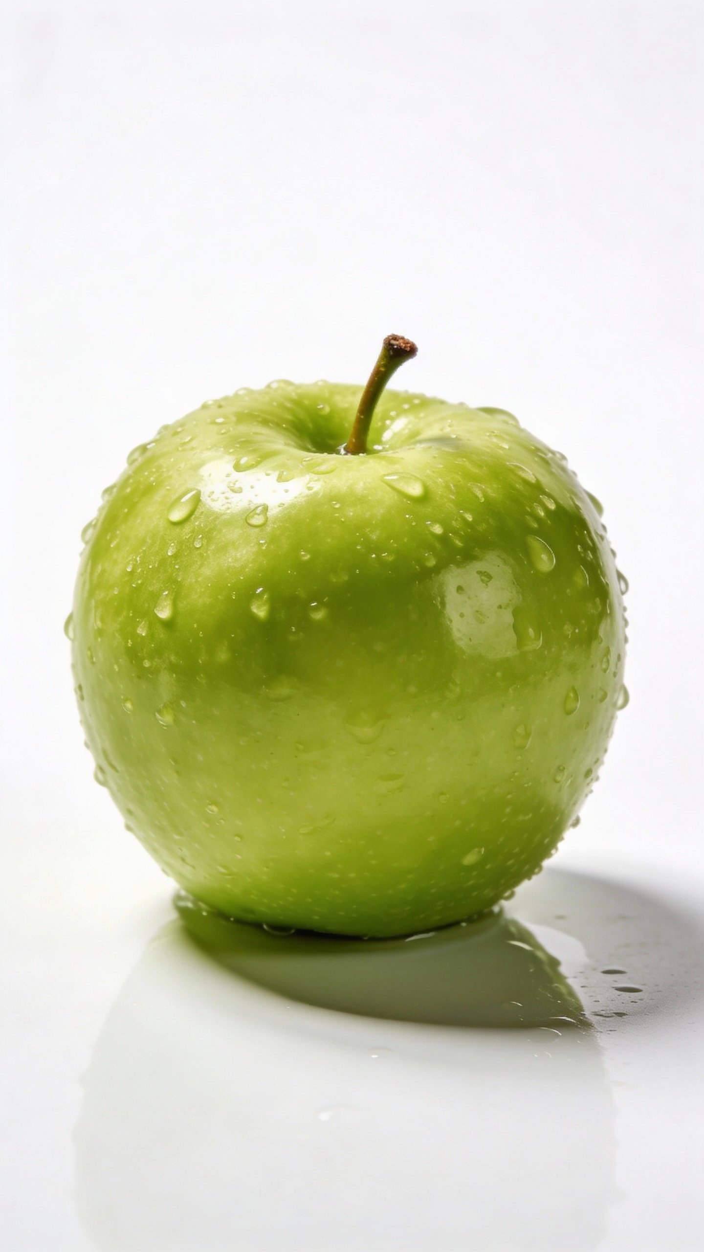 single Granny Smith apple with water droplets, on white backdrop