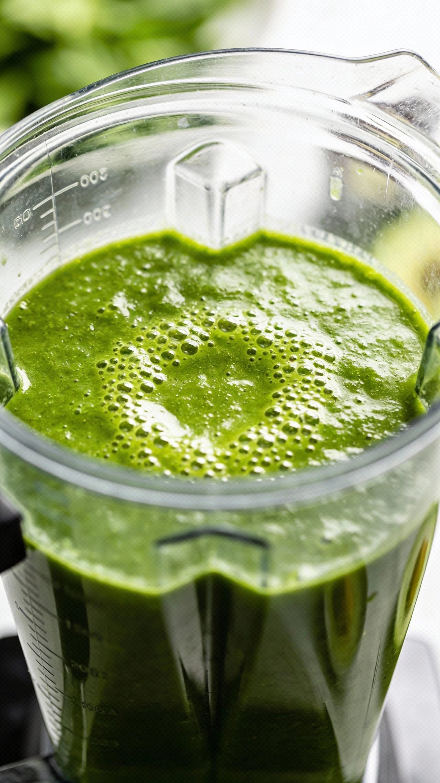 stainless blender jar with bright green smoothie, top-down shot