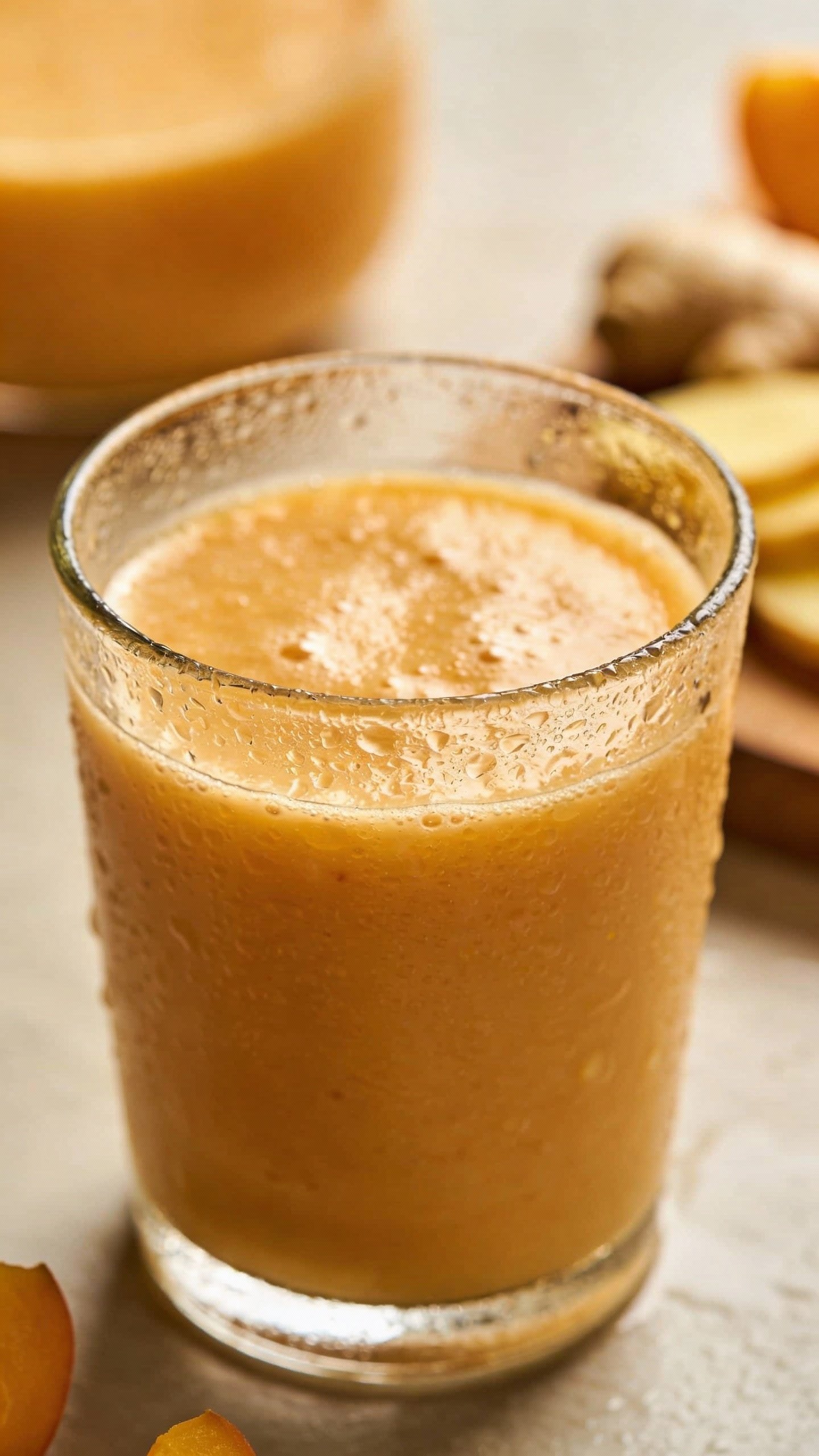 closeup peach ginger smoothie in a clear glass, condensation