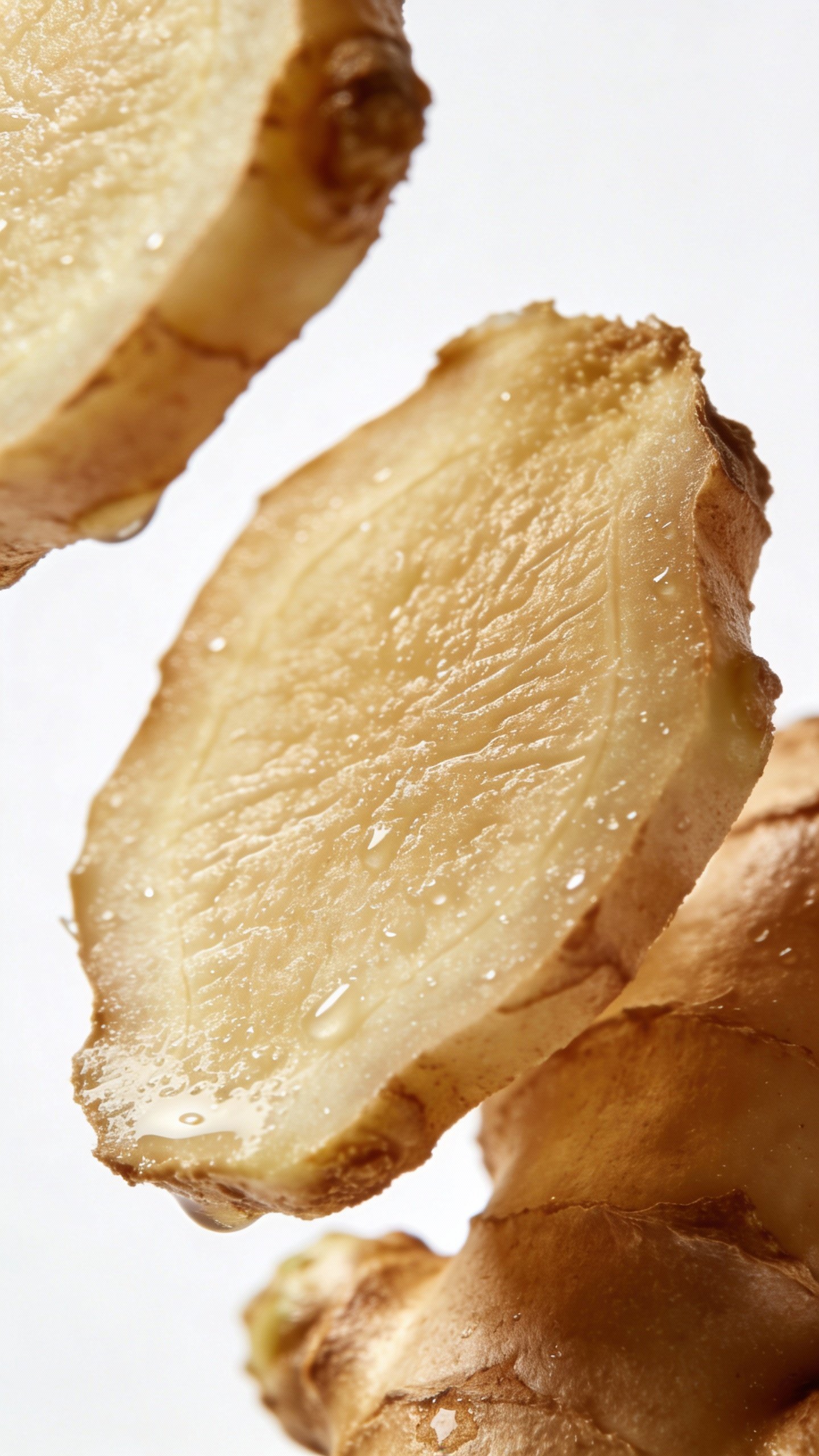 macro shot of fresh ginger root slice, clean white background