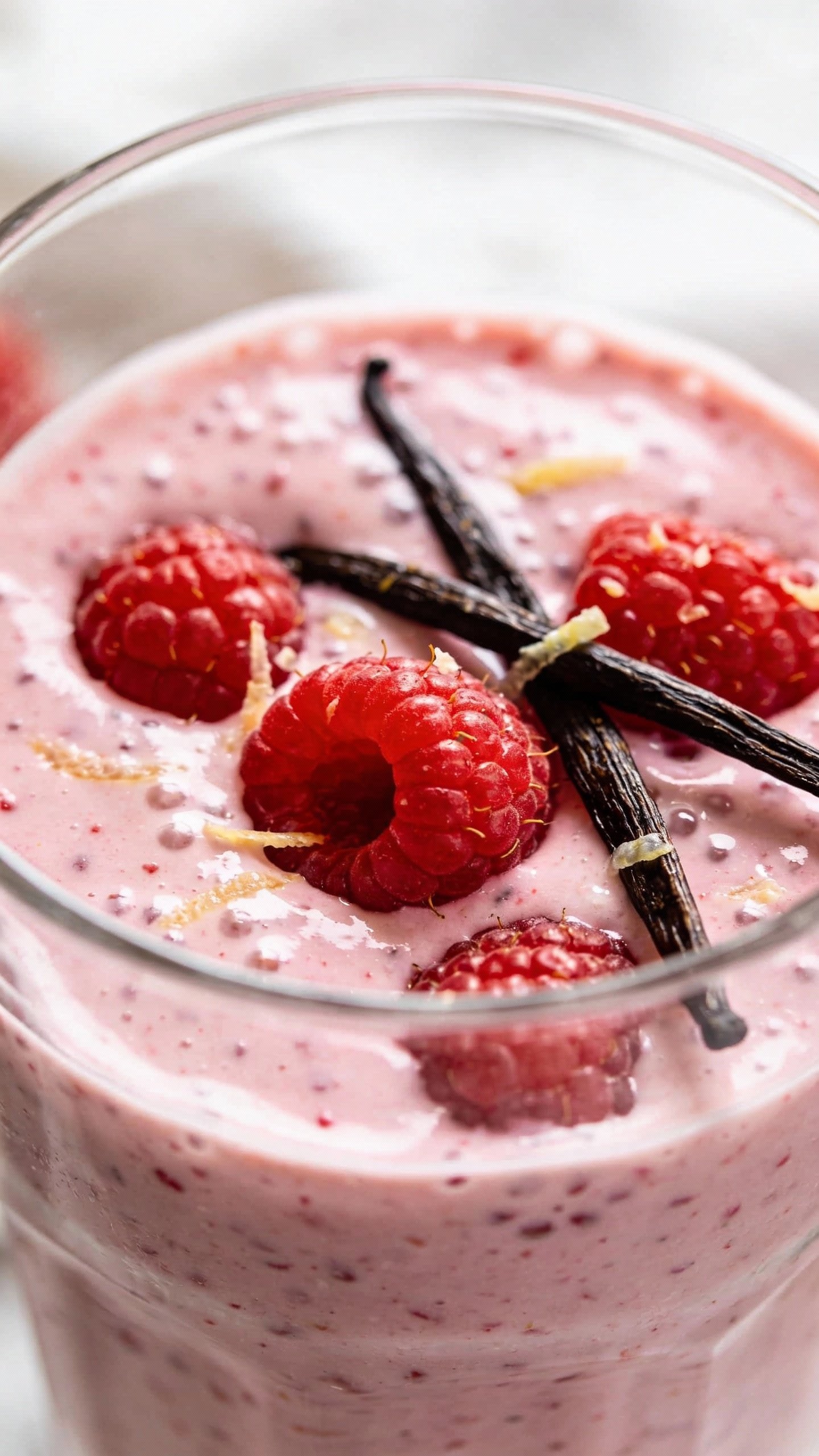 closeup raspberry vanilla smoothie in clear glass, soft daylight
