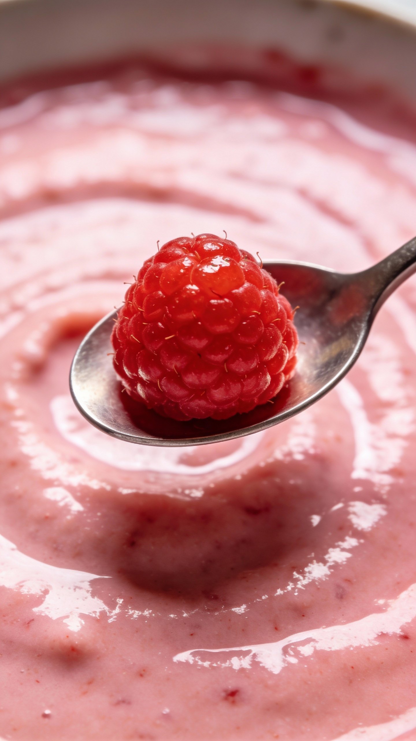 single fresh raspberry on spoon over pink smoothie surface