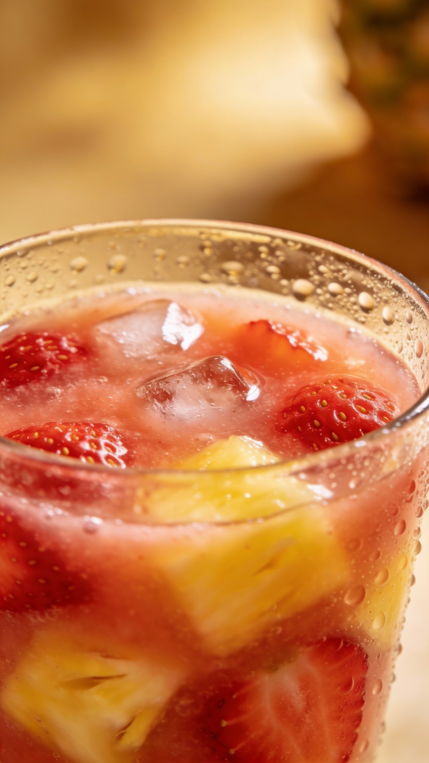 closeup of strawberry pineapple smoothie in clear glass, condensation